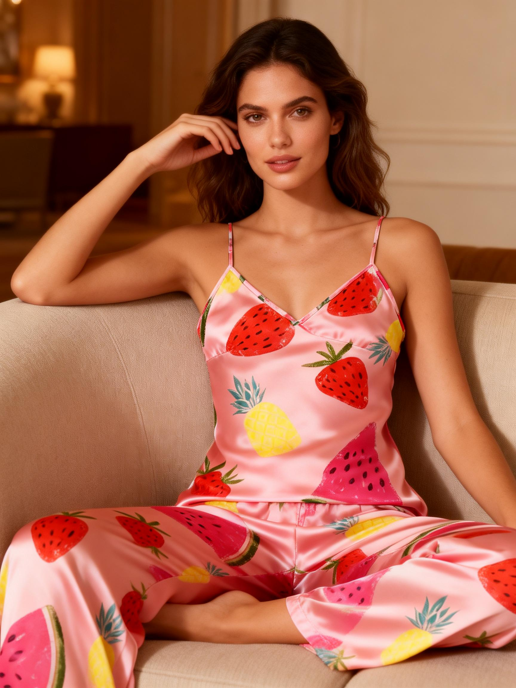 Women's 3-Piece Satin Watermelon and Pineapple Sleepwear Set