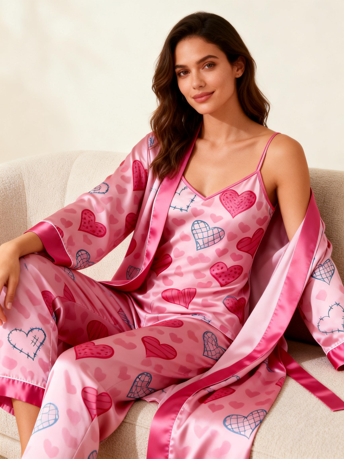 Satin 3 PCS Sleepwear-Women's Heart Print Pajama Set with Long Robe