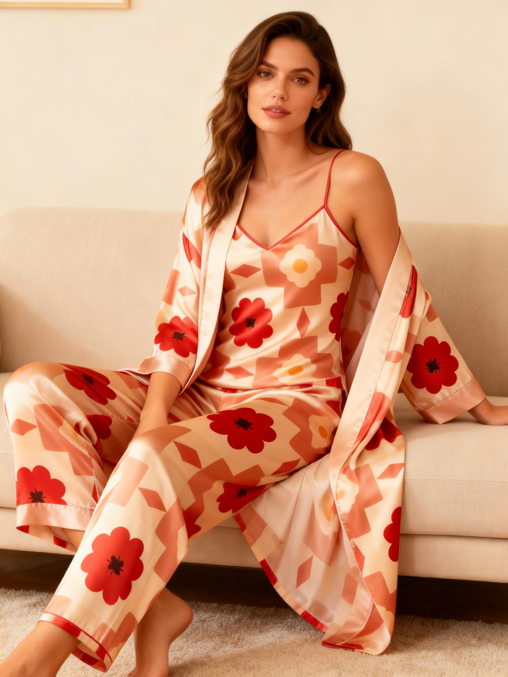 Satin Sleep Set-Women's 3 PCS Floral Lounge