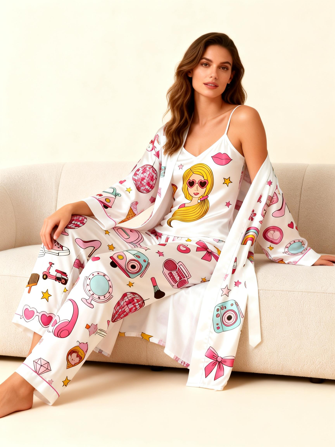 Chic Satin Nightwear-Women's 3 PCS Robe, Cami, Pants