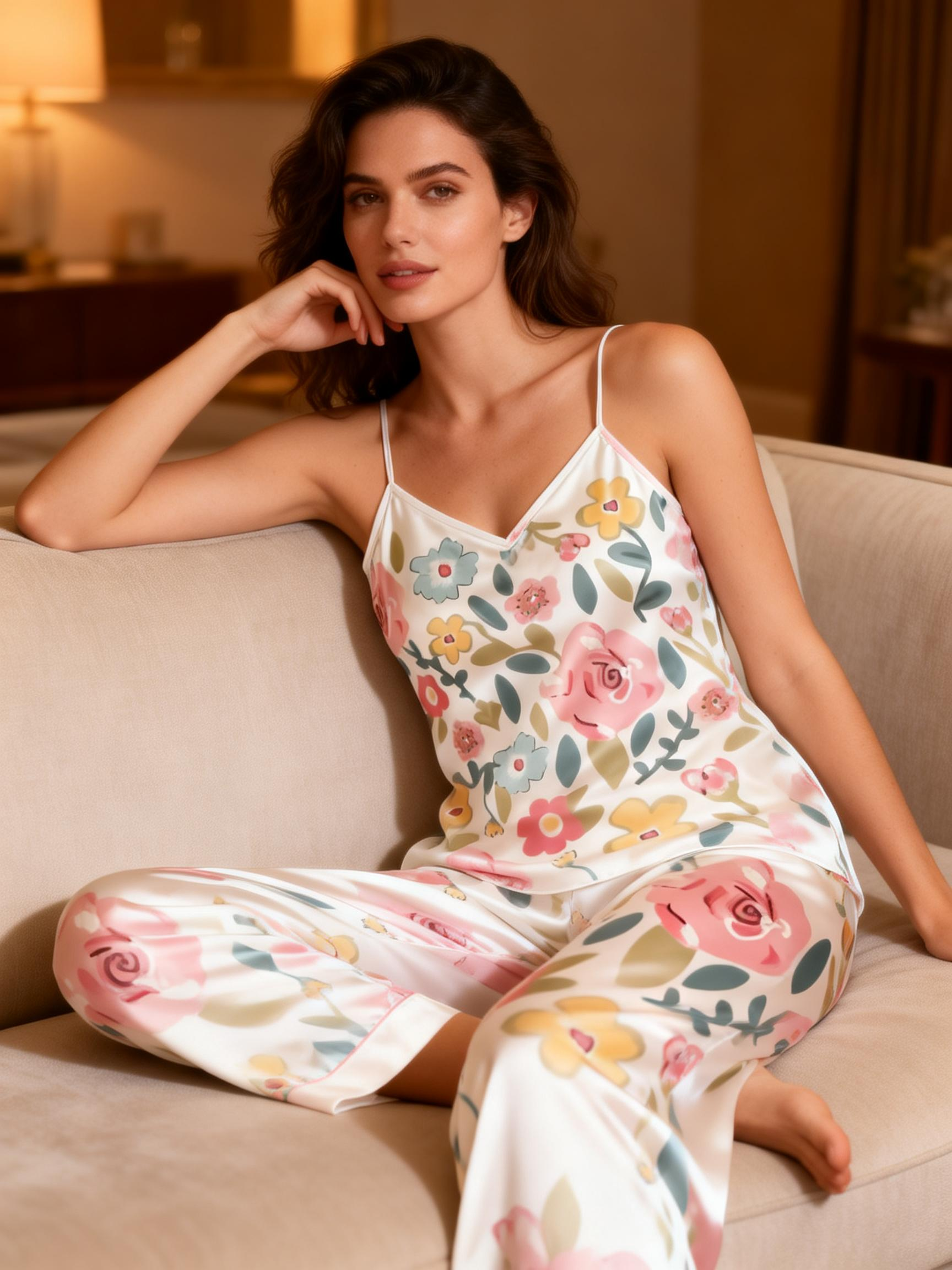 Satin 3 PCS Sleepwear Set-Women's Vintage Floral