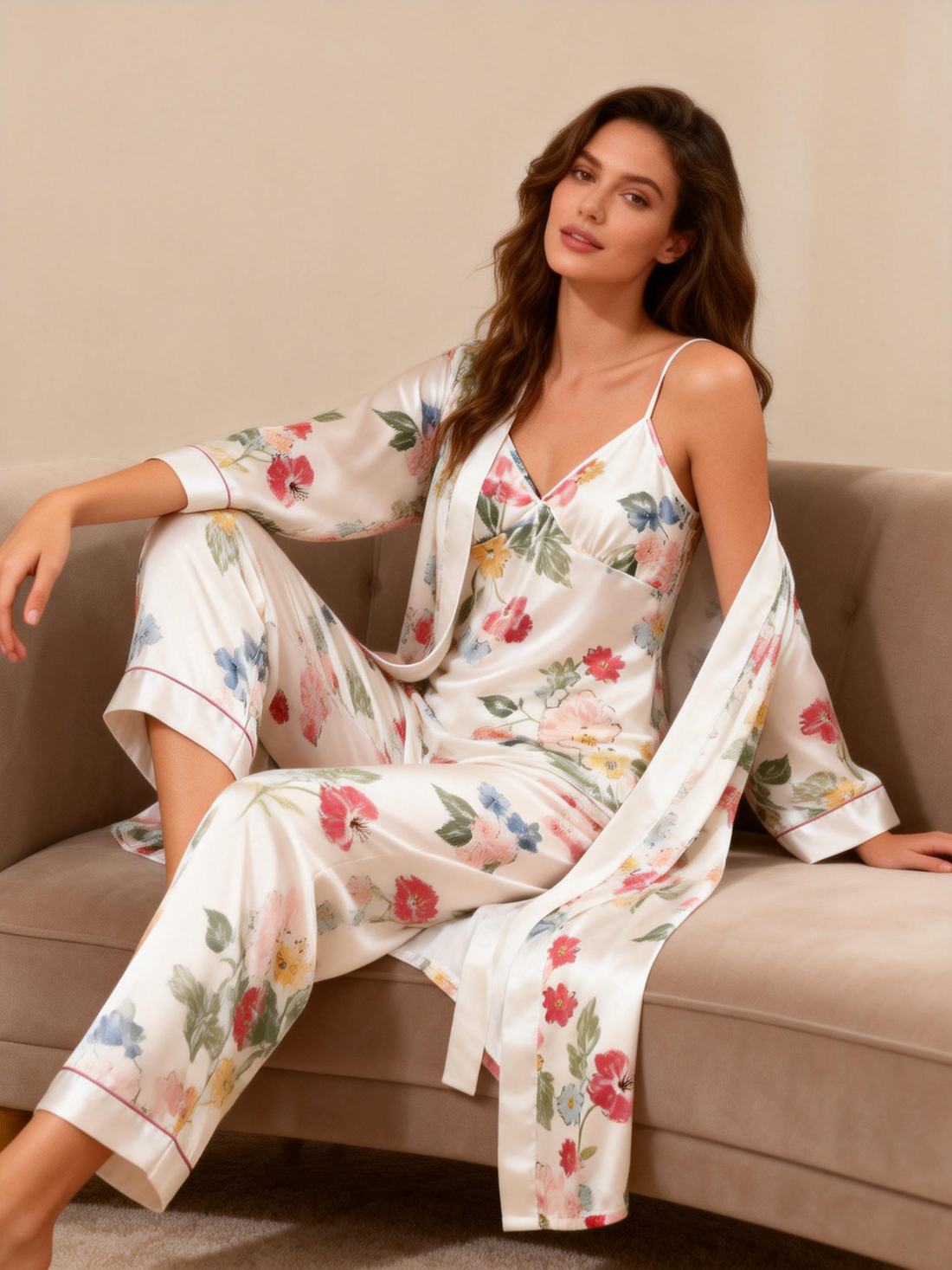 Women's Luxury Satin Pajama Set-3-Piece Flower Design Robe & Lounge Pants