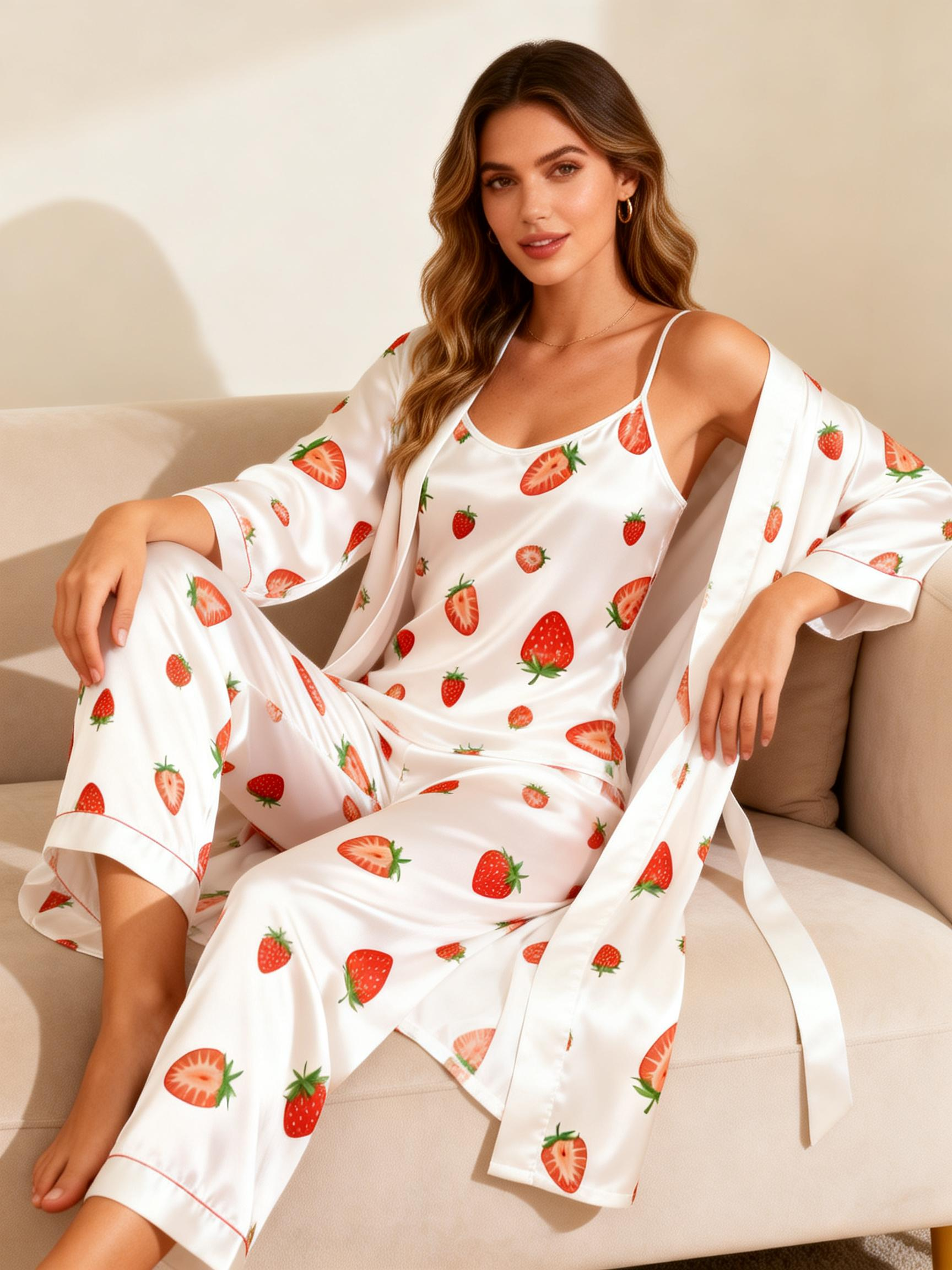 Women's 3-Piece Sweet Stawberry Satin Loungewear