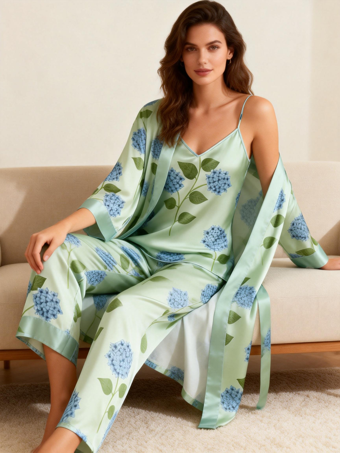 3-Piece Satin Nightwear-Hydrangea Print