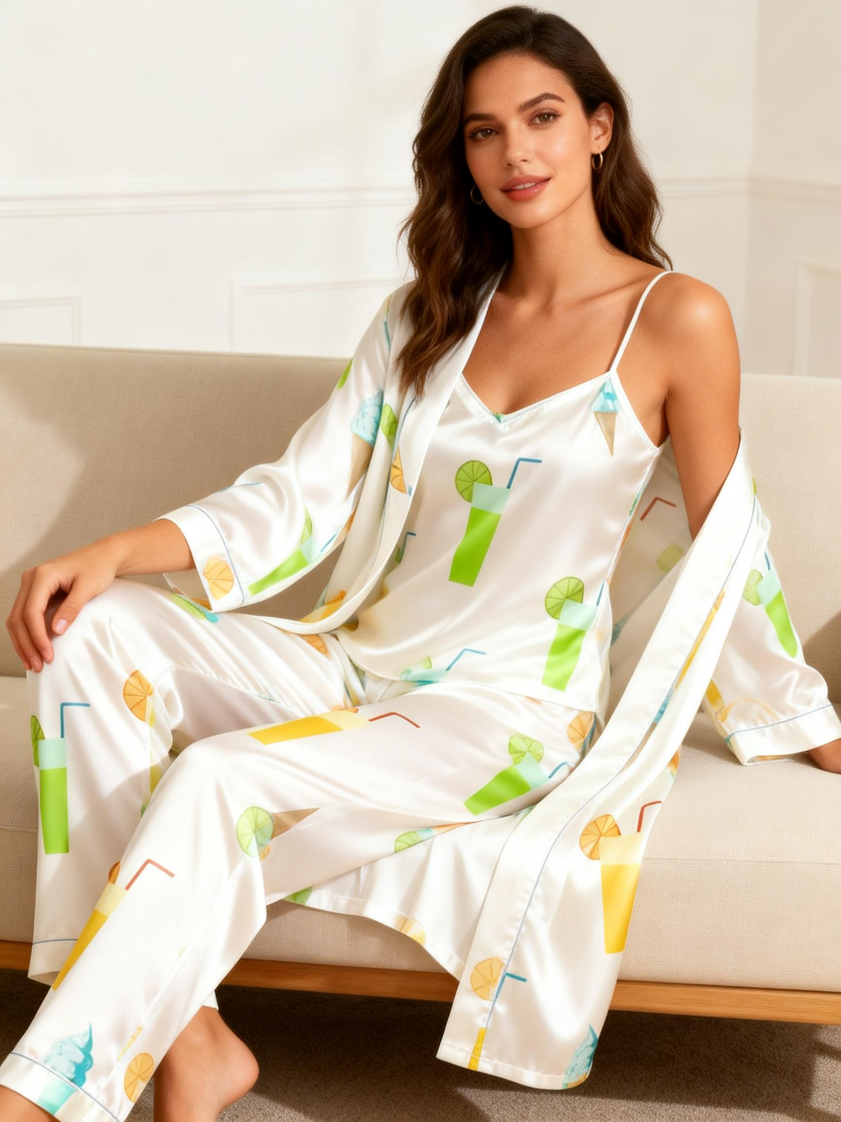 Women's 3-Piece Summer Drinks Print Satin Loungewear