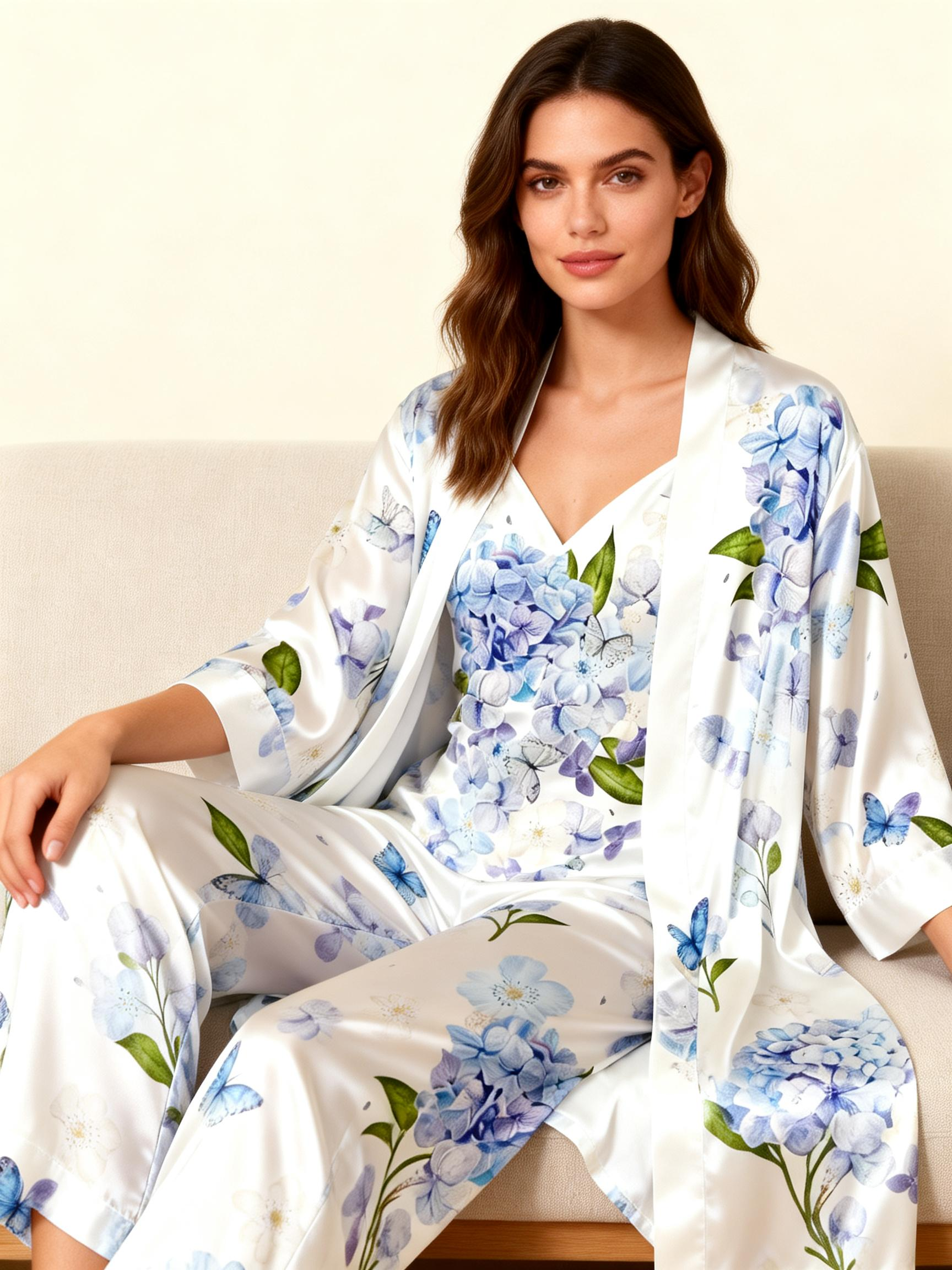 Women's 3-Piece Blue Butterfly & Floral Satin Lounge Outfit