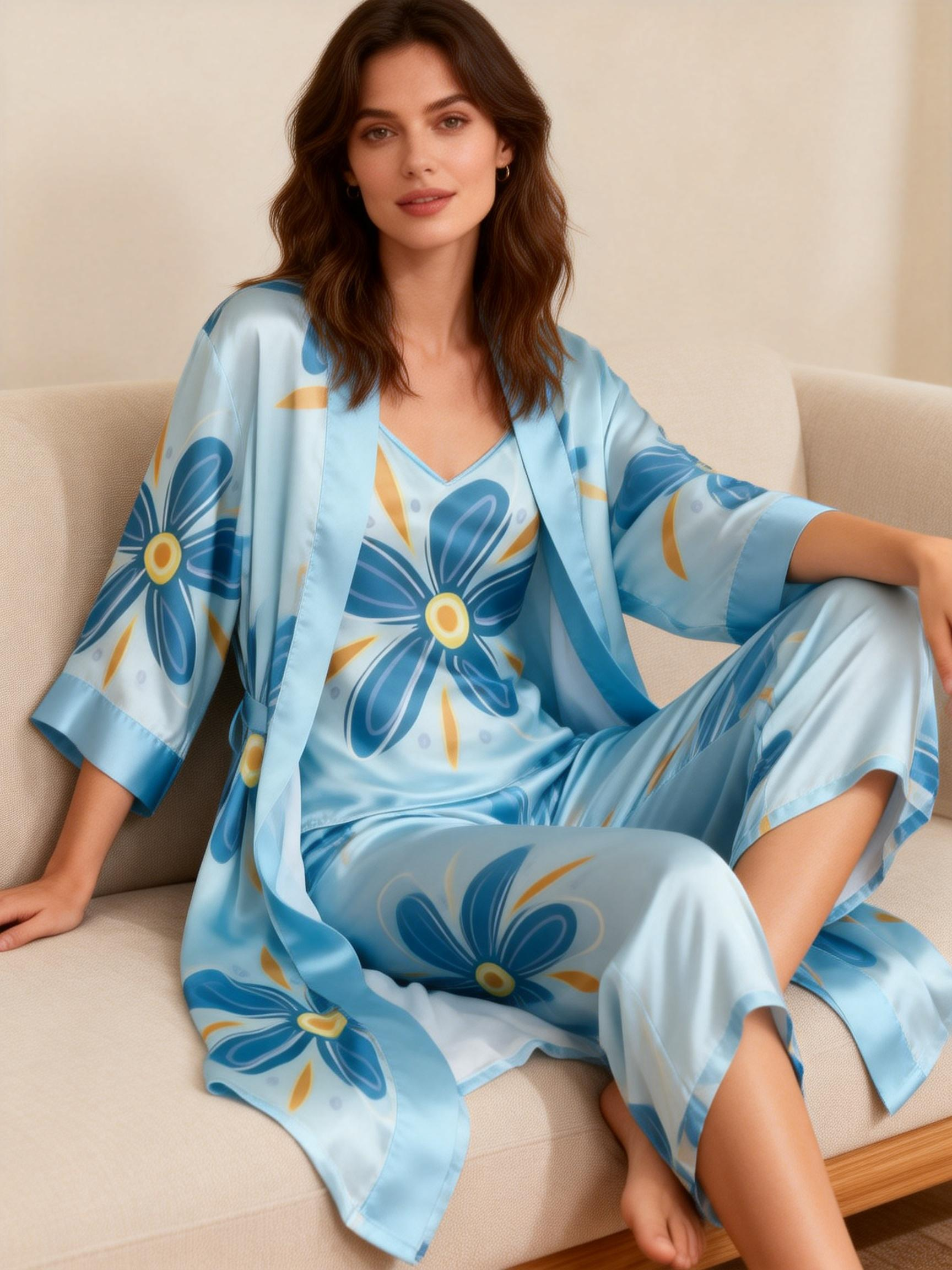Satin 3 PCS Lounge Set-Women's Abstract Floral