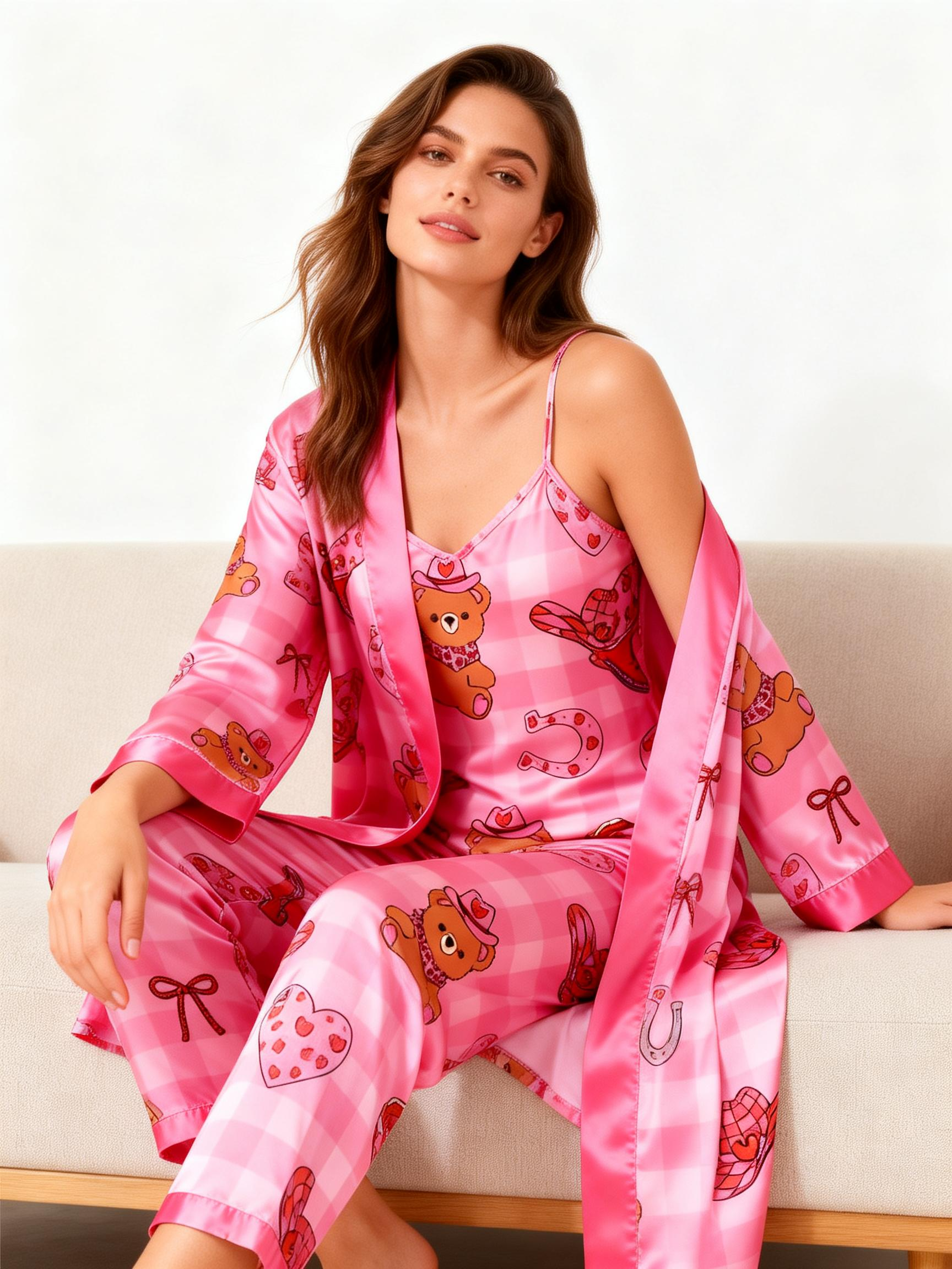 Women's Elegant Satin Hot Pink Pajama Lounge Set