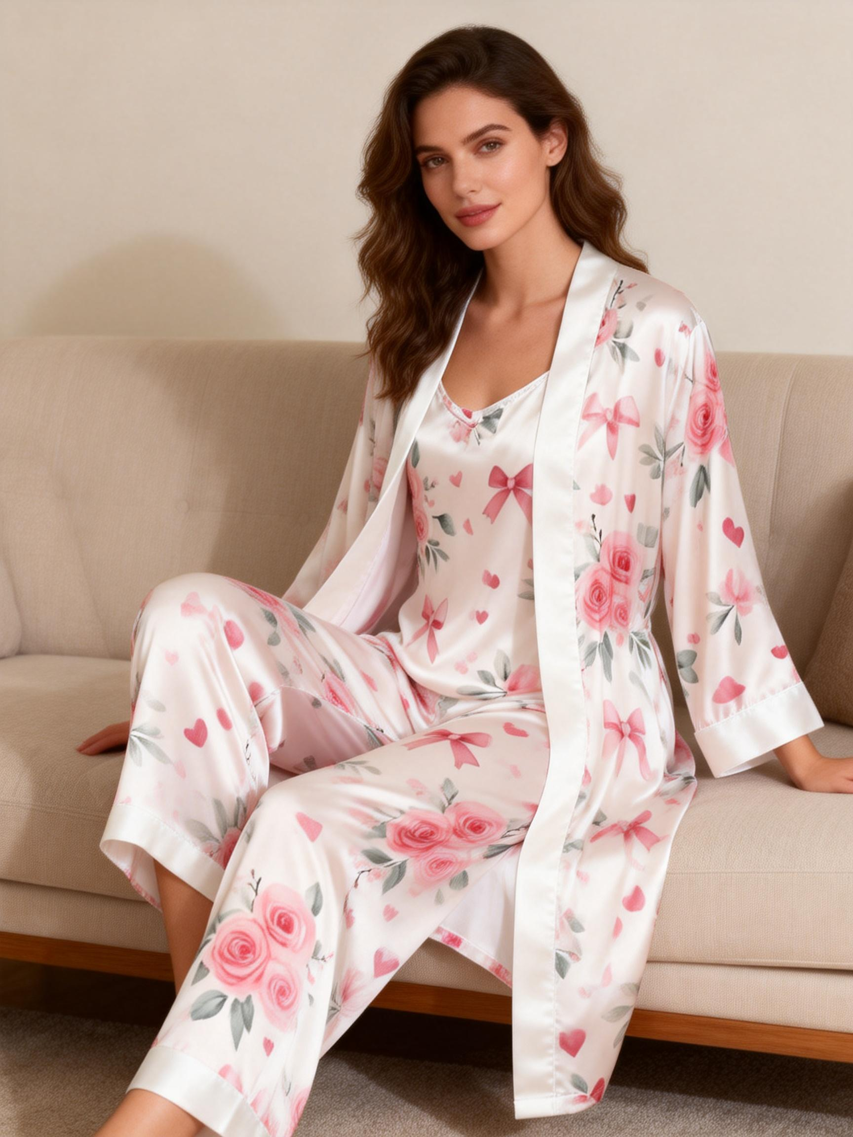 Women's 3-Piece Romantic Floral Satin Loungewear