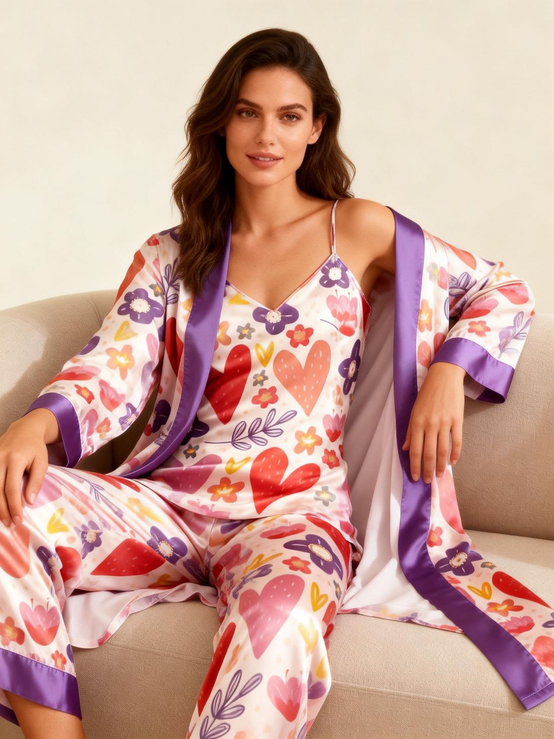 Women's 3pcs Chic Floral Satin Robe & Lounge Set
