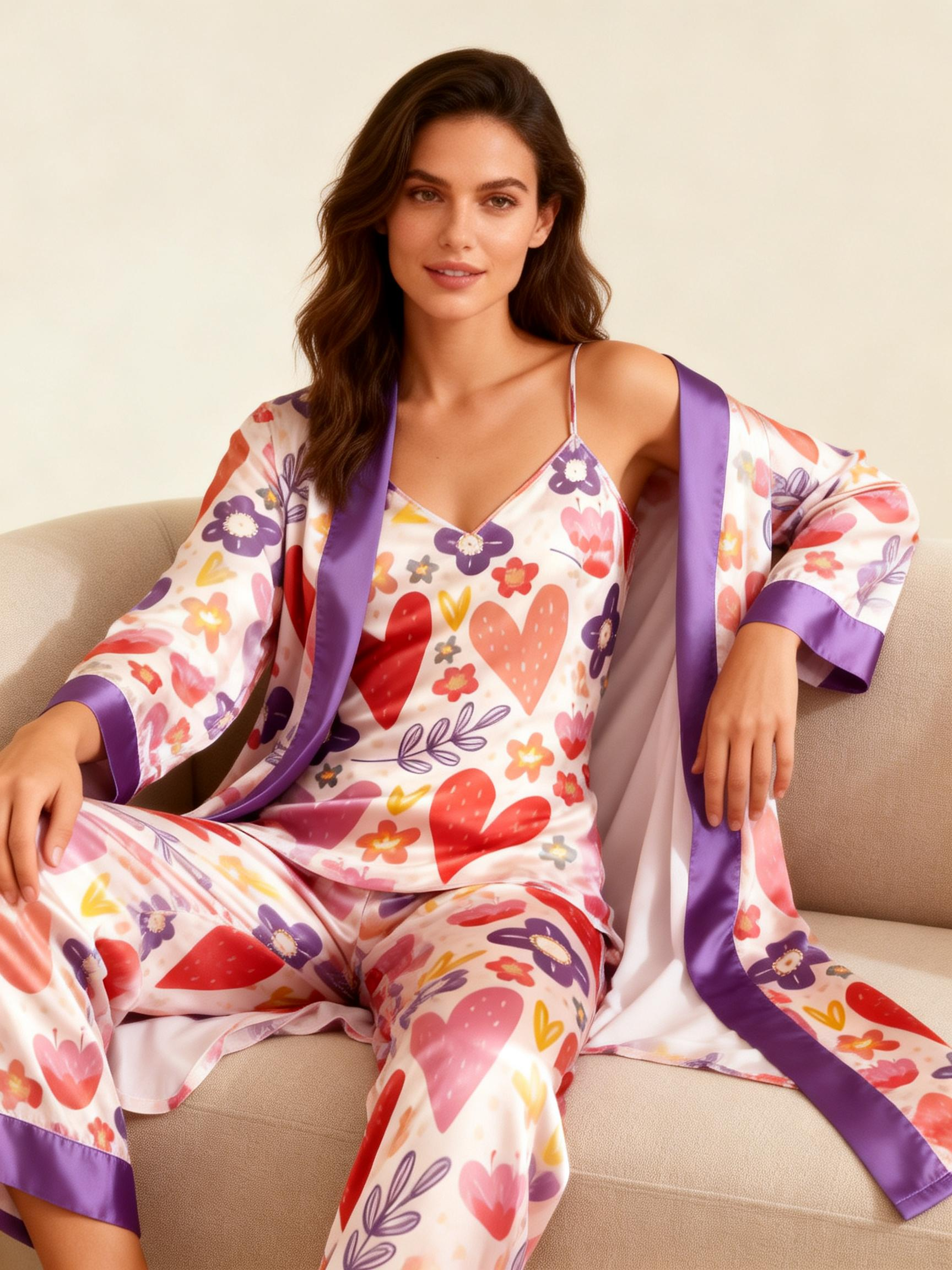 Women's 3pcs Chic Floral Satin Robe & Lounge Set