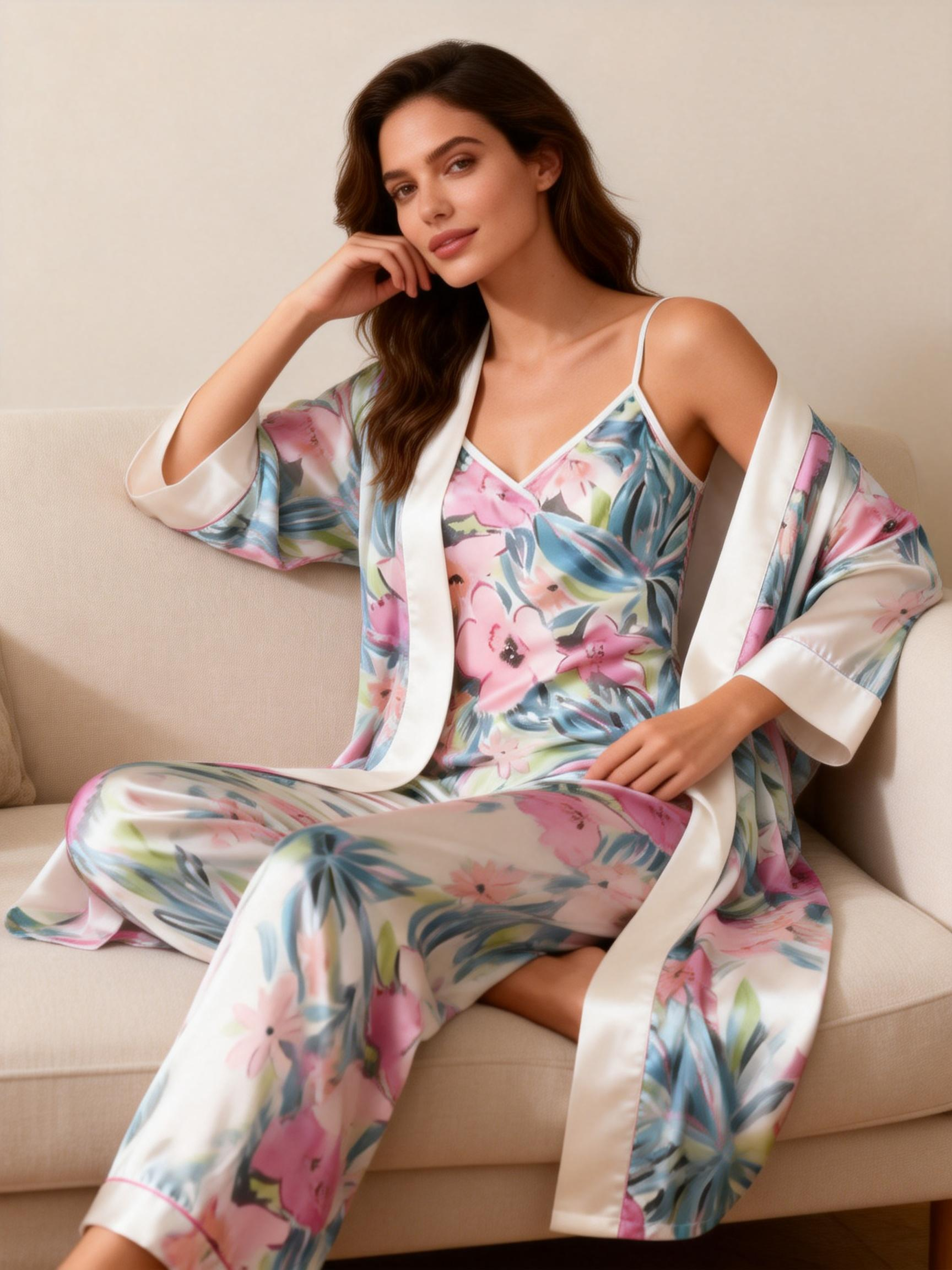 3-Piece Satin Sleepwear Set for Women-Flower Design