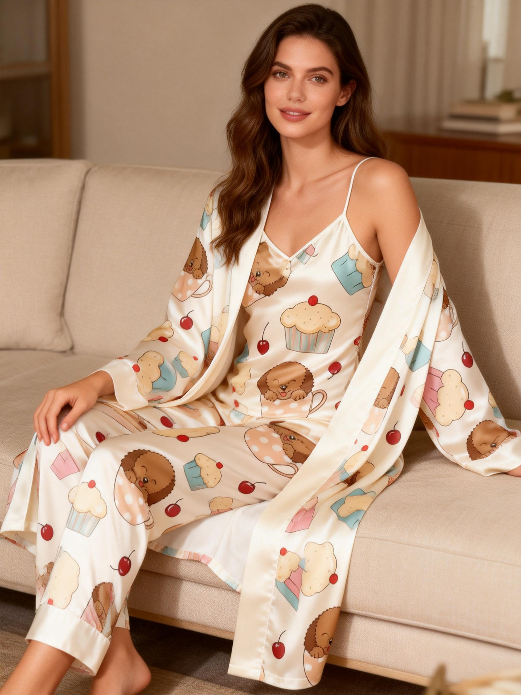 Women's Cute Dog Pajama Set-Satin Robe, Camisole & Pants