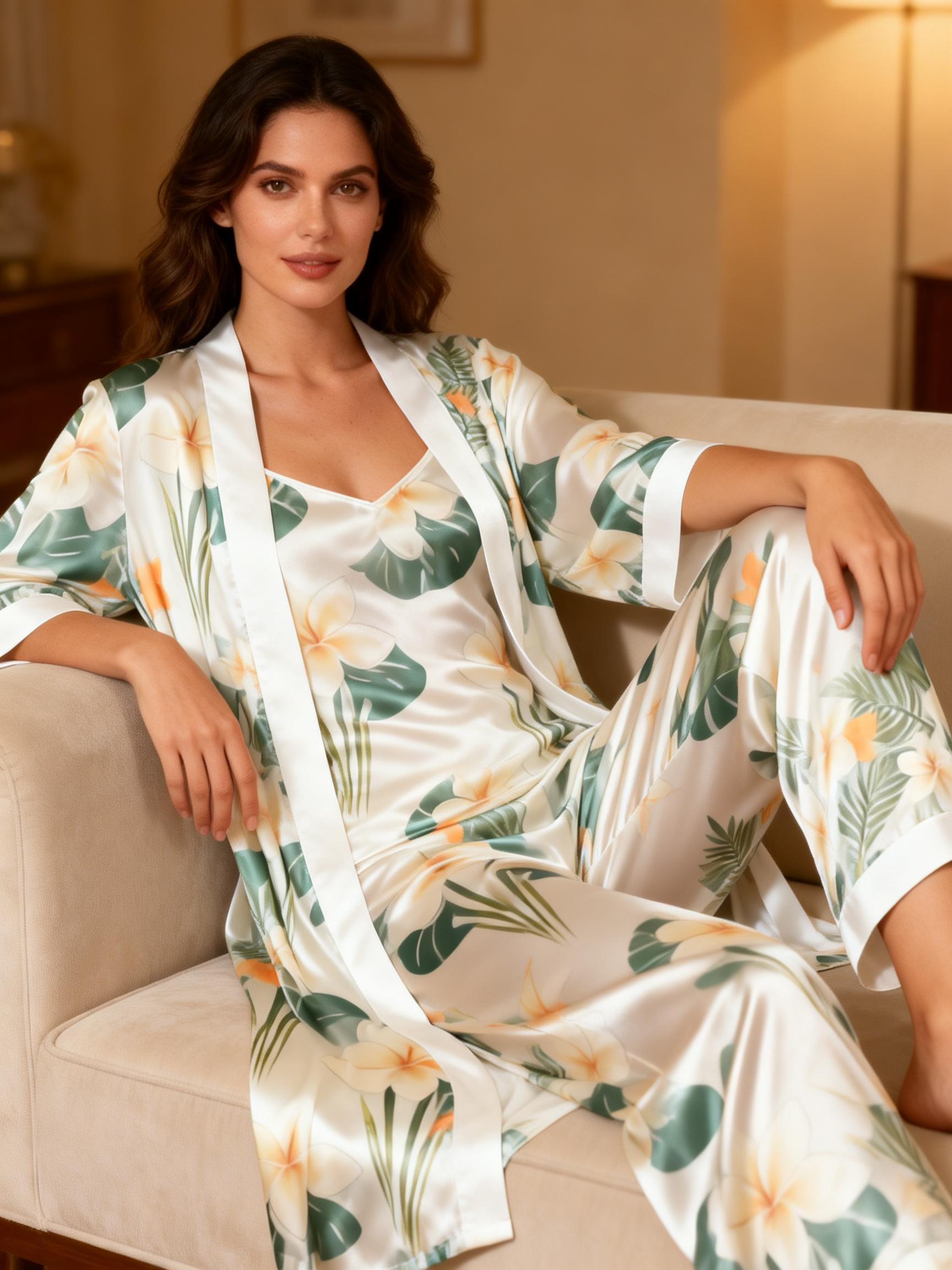 Women's 3-Piece Green & Yellow Dreamy Floral Satin Loungewear