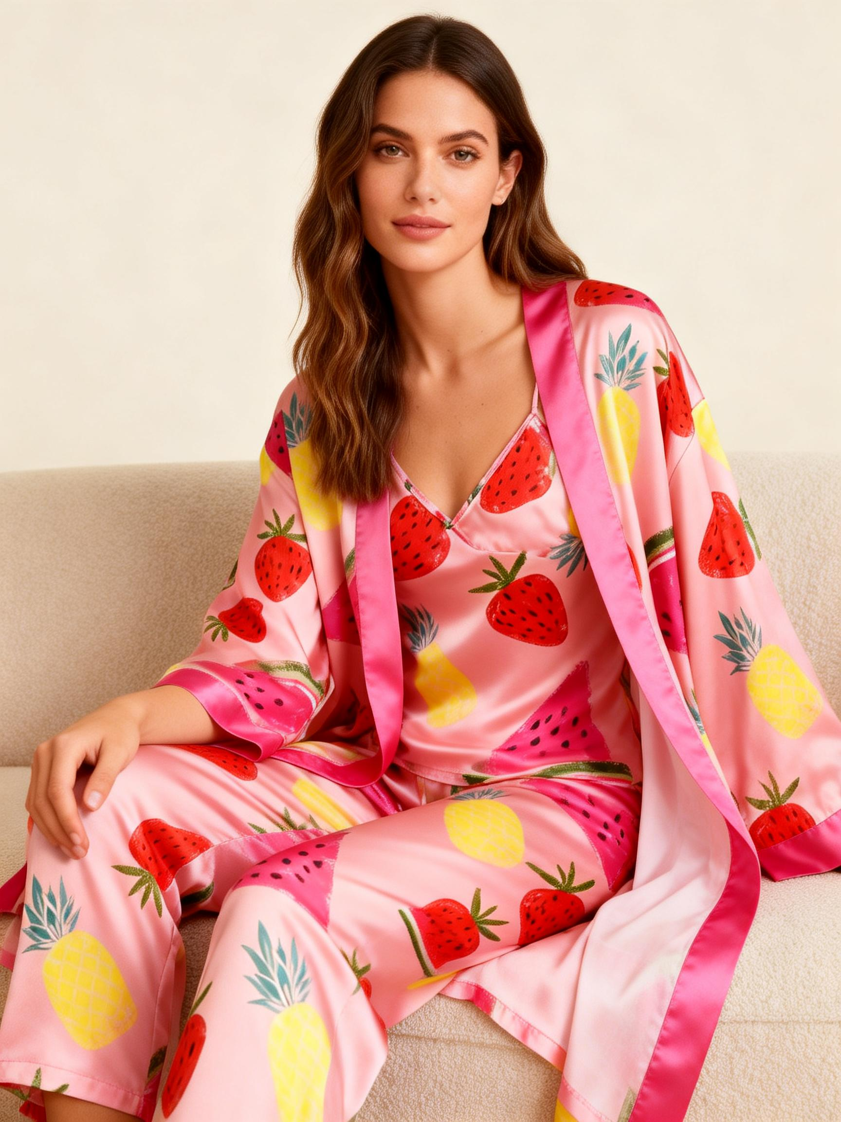 Women's 3-Piece Satin Watermelon and Pineapple Sleepwear Set