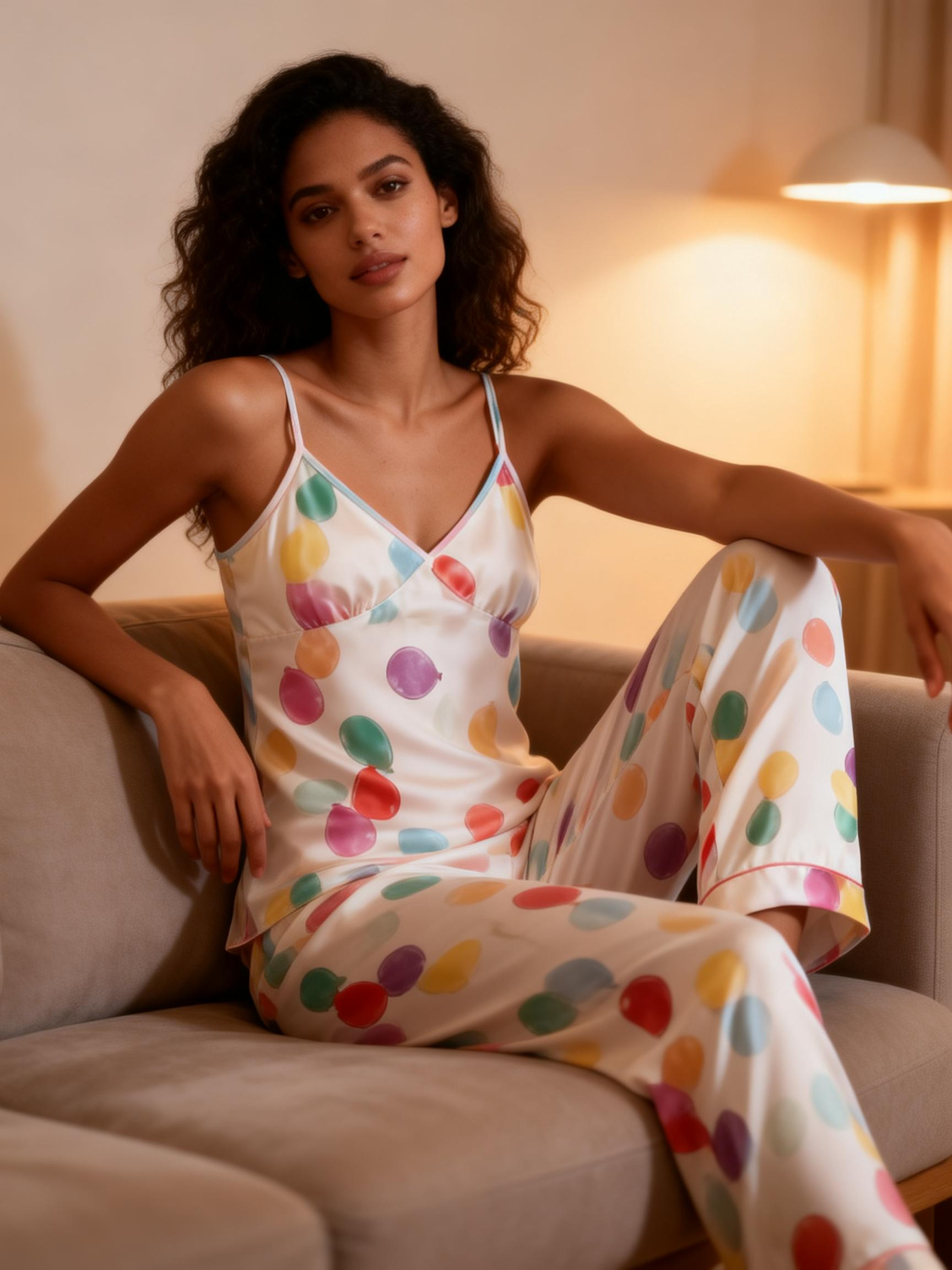 Women's 3-Piece Balloon Print Satin Pajama Set