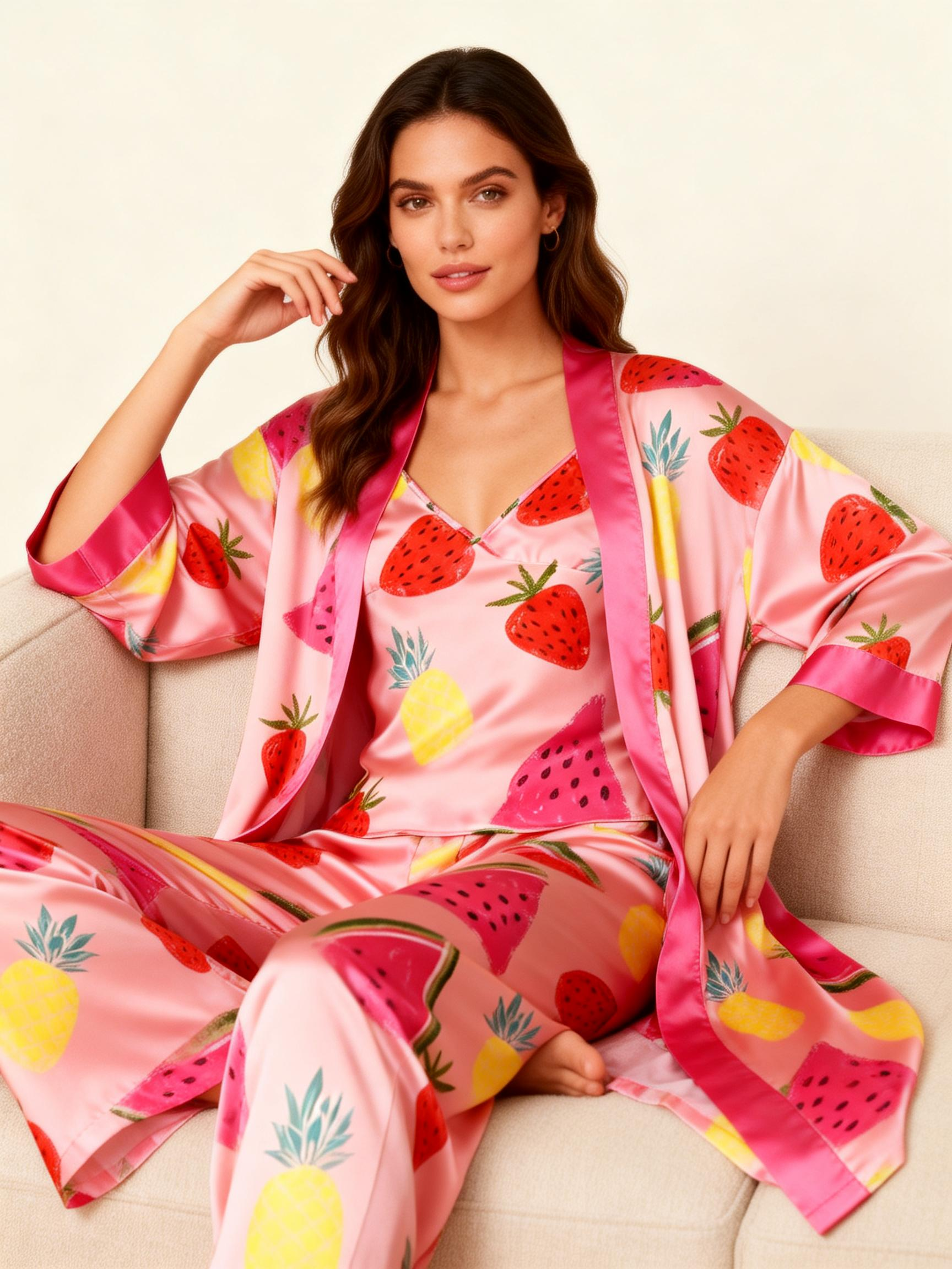 Women's 3-Piece Satin Watermelon and Pineapple Sleepwear Set