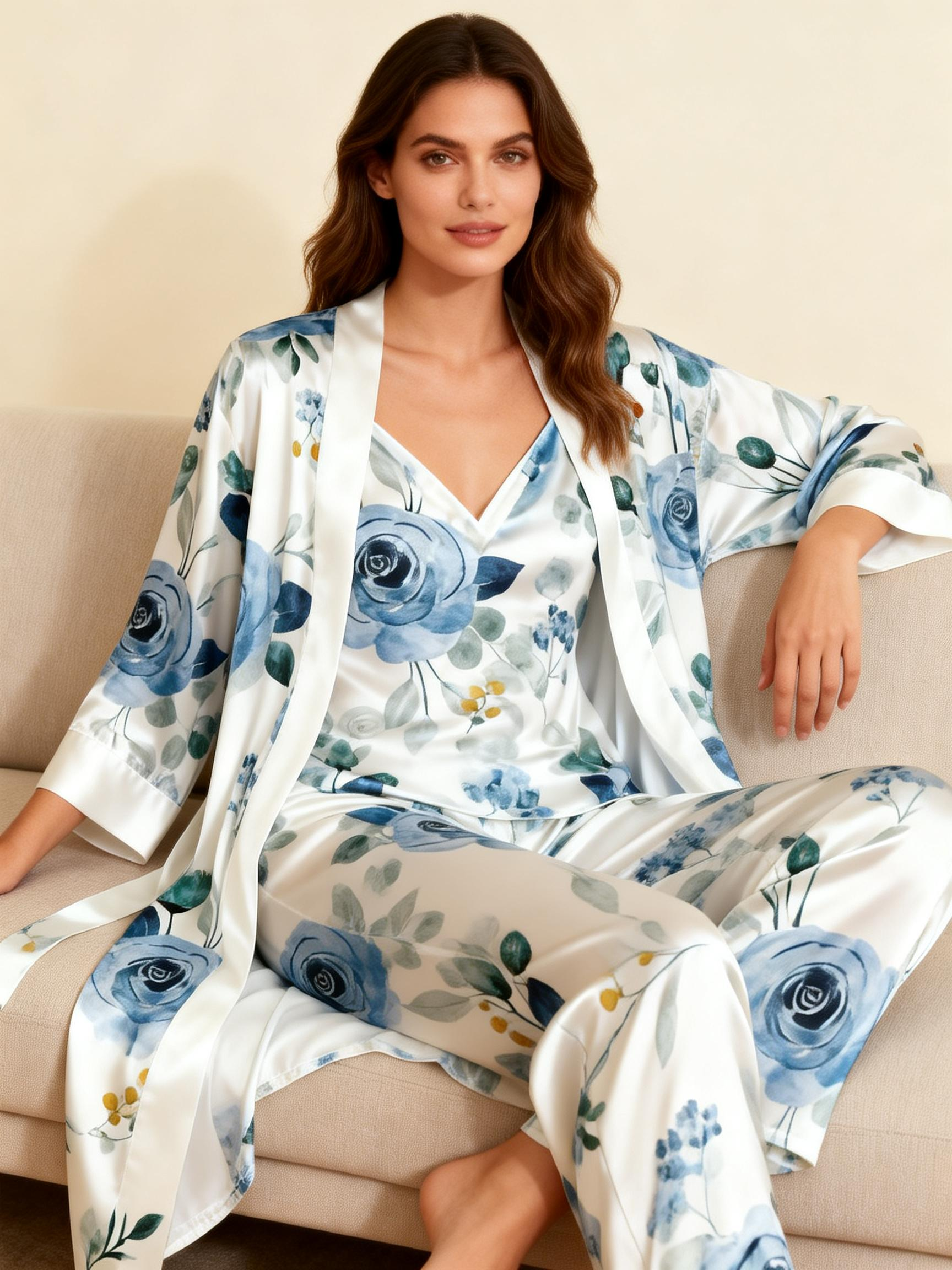 Women's 3-Piece Soft Watercolor Floral Satin Lounge Outfit