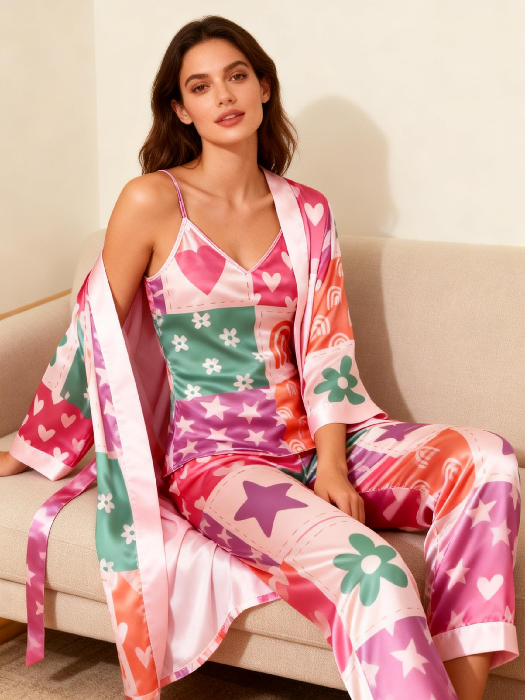 Luxury Satin Pajama Set-3 PCS Long Robe, Camisole & Pants