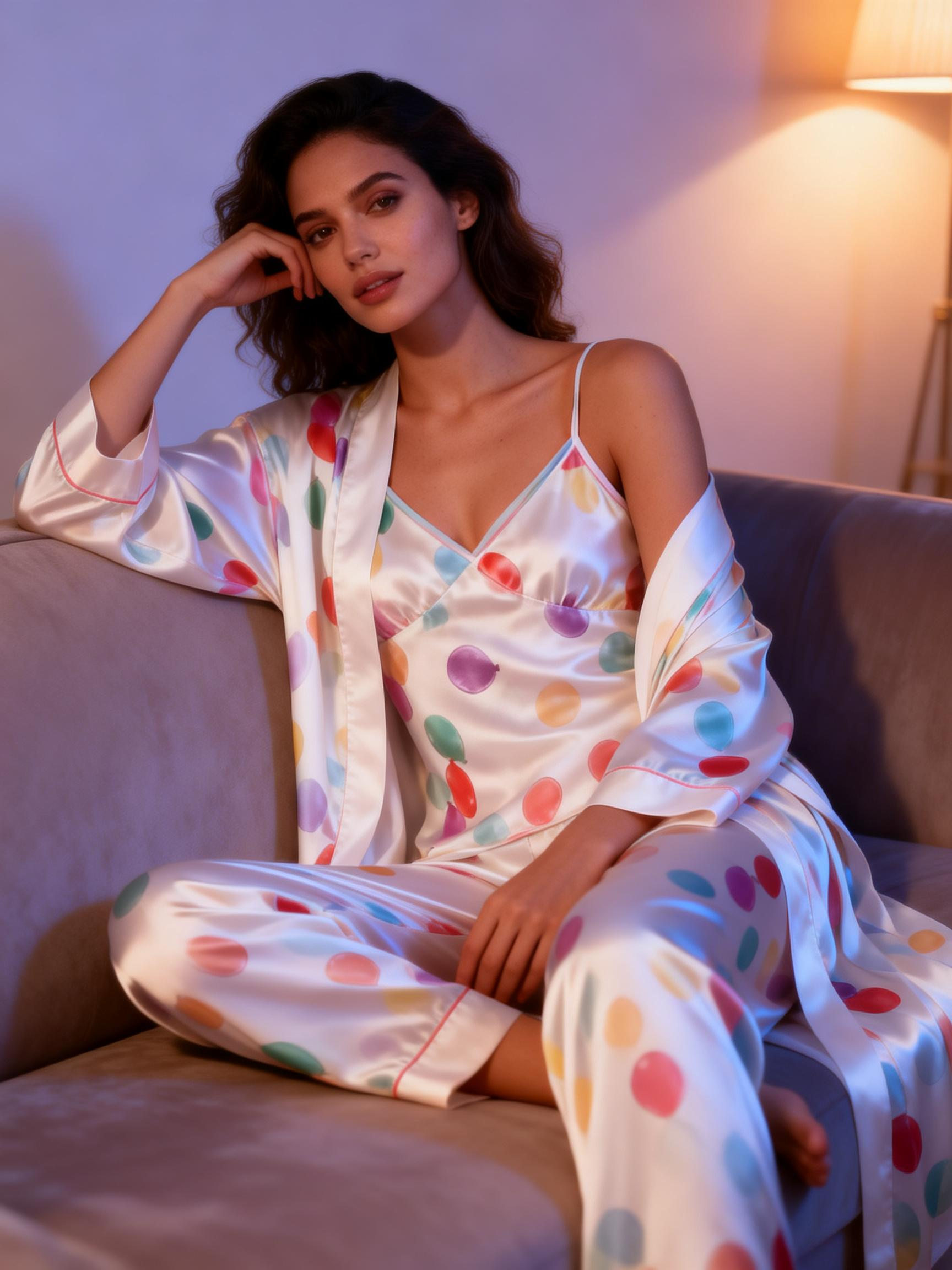 Women's 3-Piece Balloon Print Satin Pajama Set