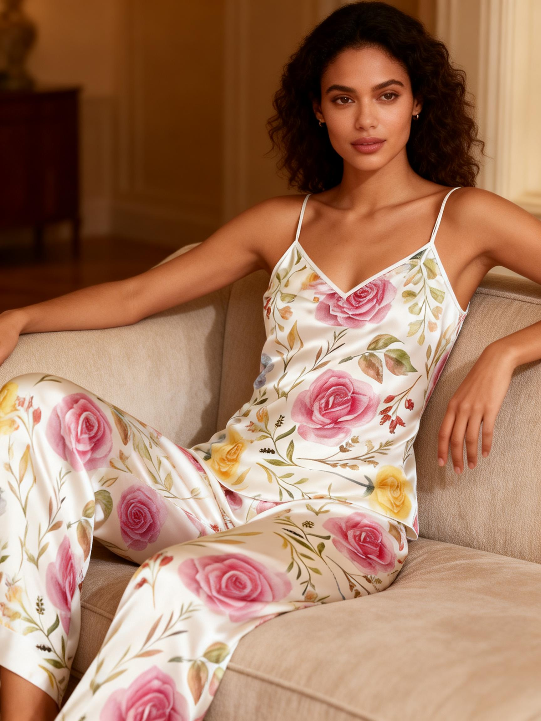 Women's 3-Piece Vintage Floral Satin Lounge Outfit