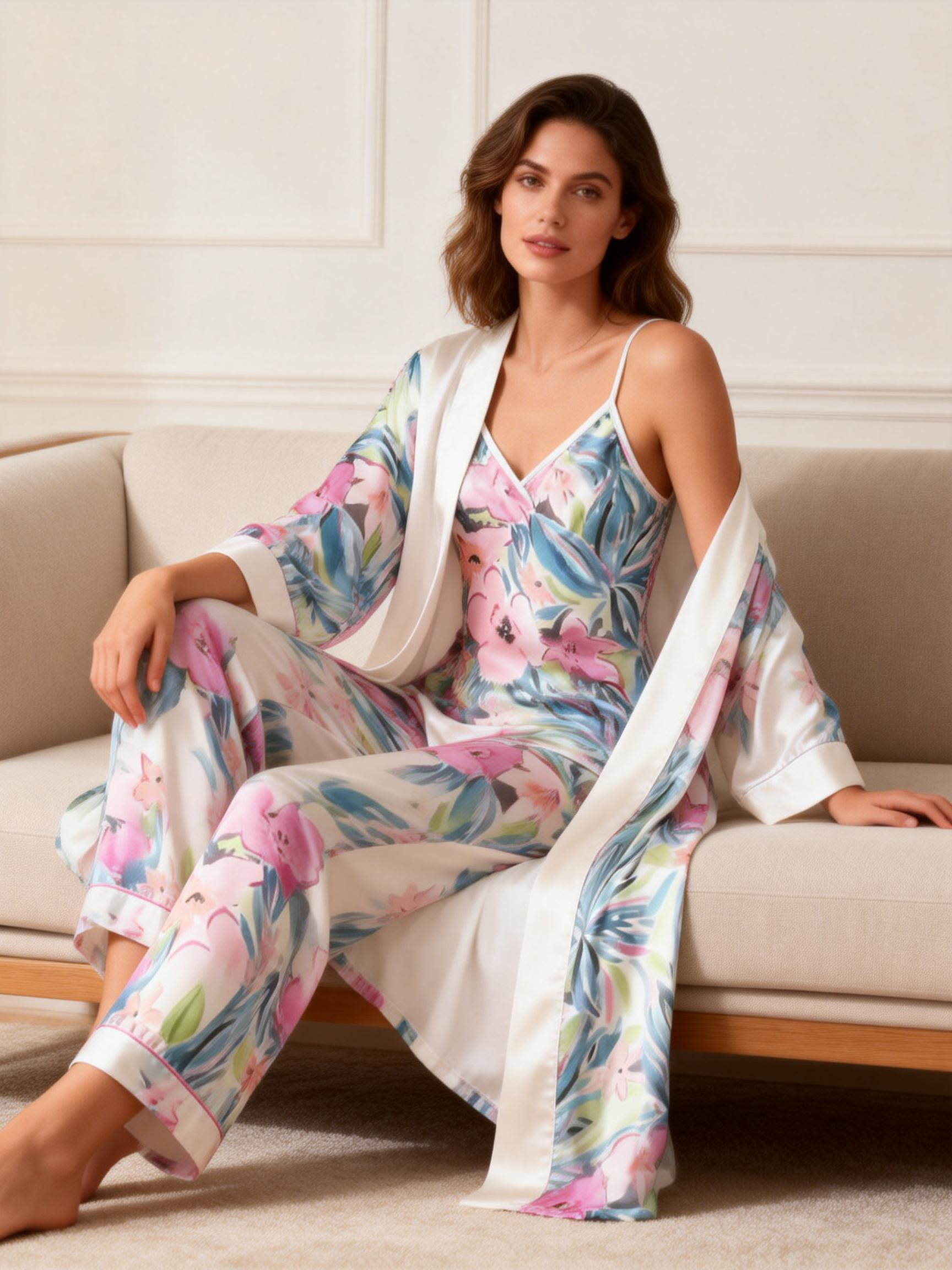 3-Piece Satin Sleepwear Set for Women-Flower Design