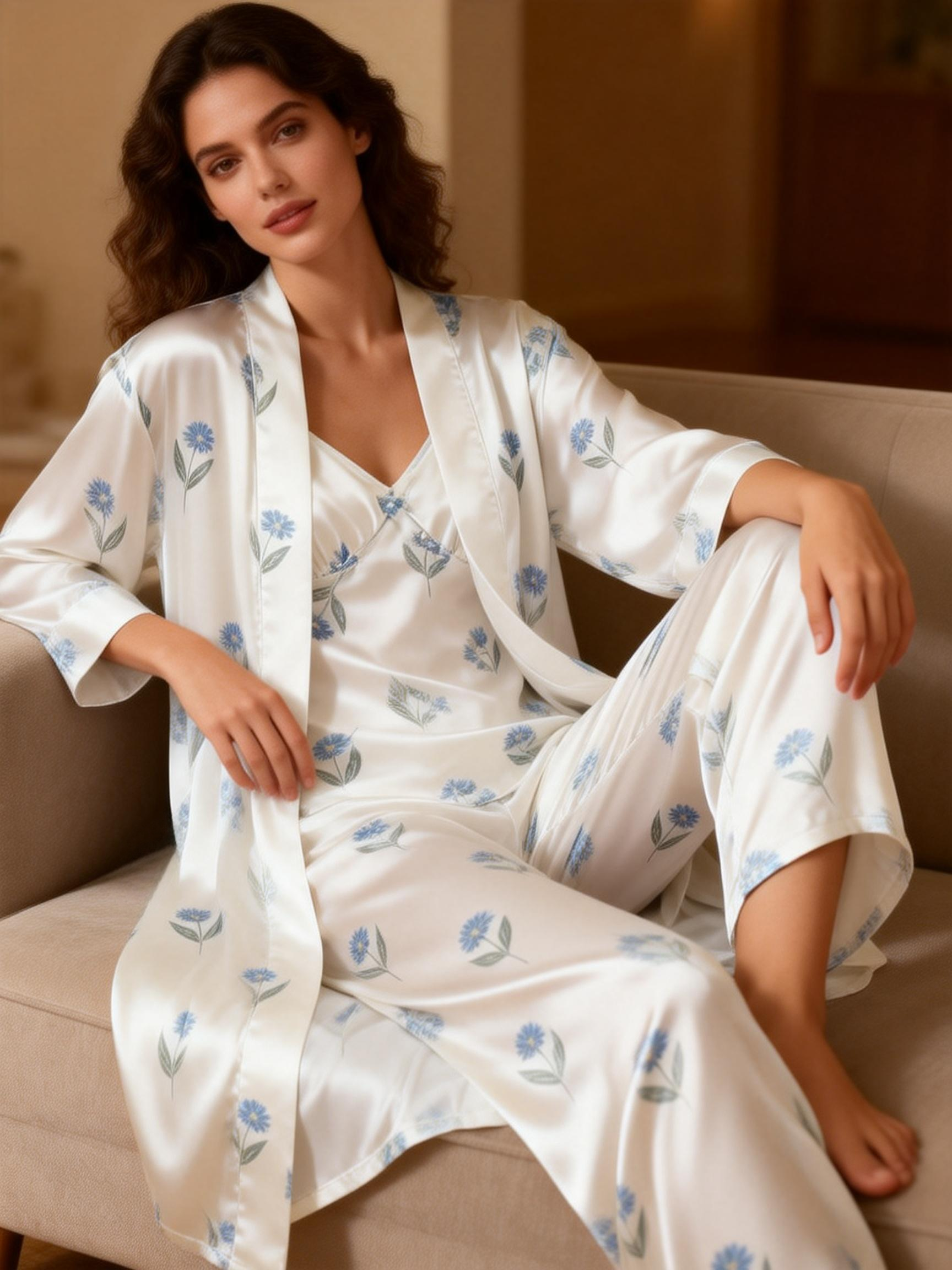 Women's 3-Piece Simple Floral Design Satin Loungewear