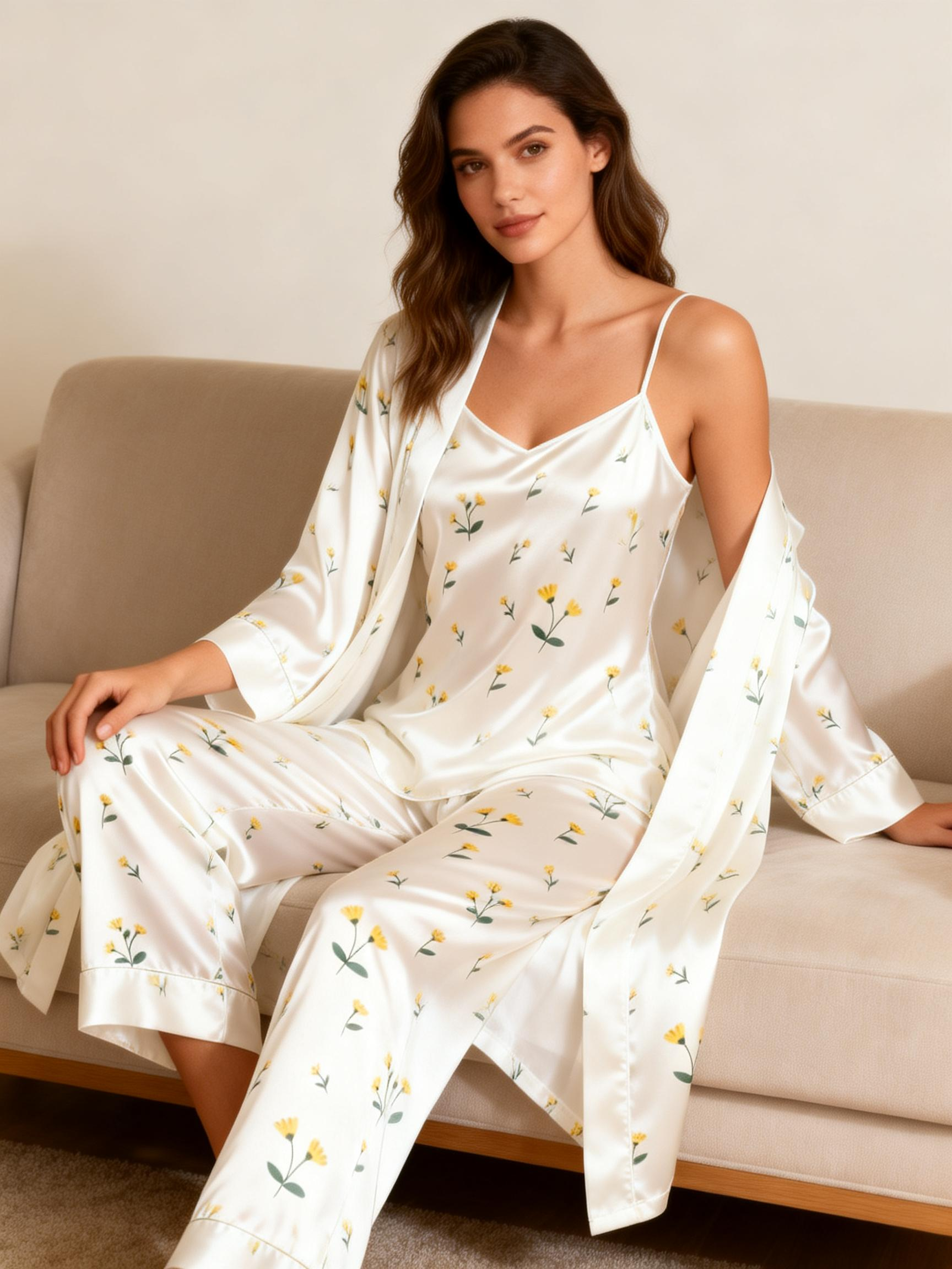 Women's 3-Piece Minimal Floral Design Satin Loungewear