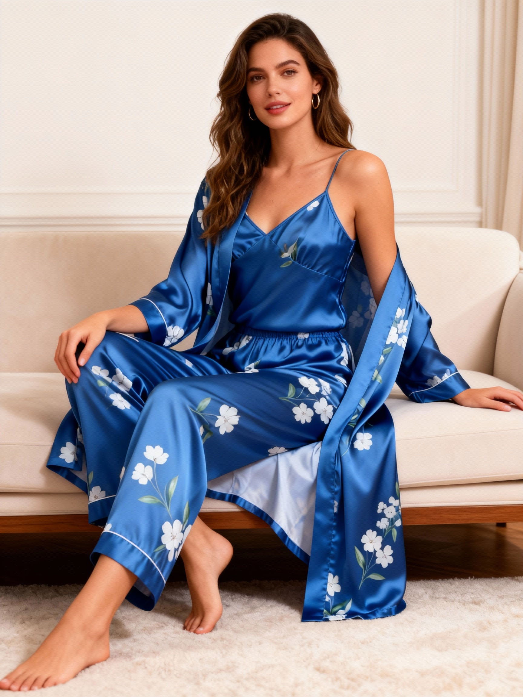 Women's 3-Piece Satin Pajama Set-Long Robe, Camisole, Pants, Floral Print