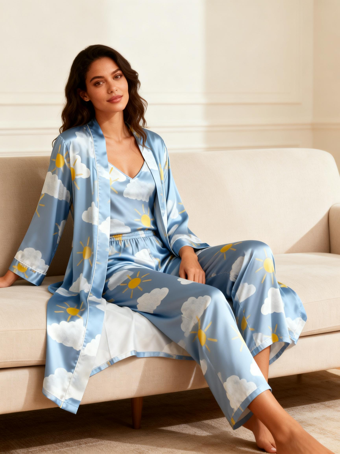 Women's 3-Piece Sun & Clouds Print Satin Sleep Pajama Set