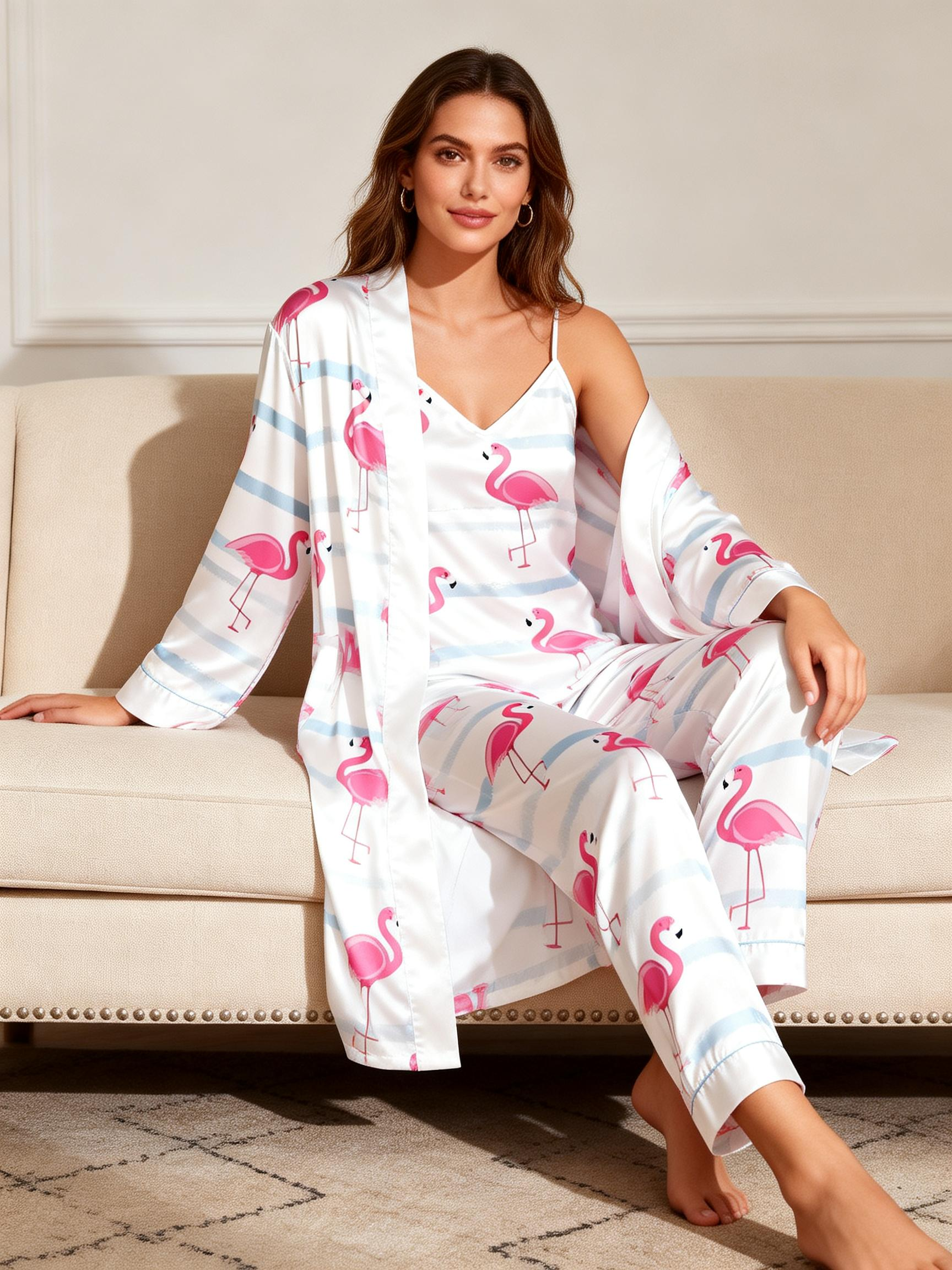 Women's Luxury Nightwear-Satin Robe, Cami, Pants with Flamingo Pattern
