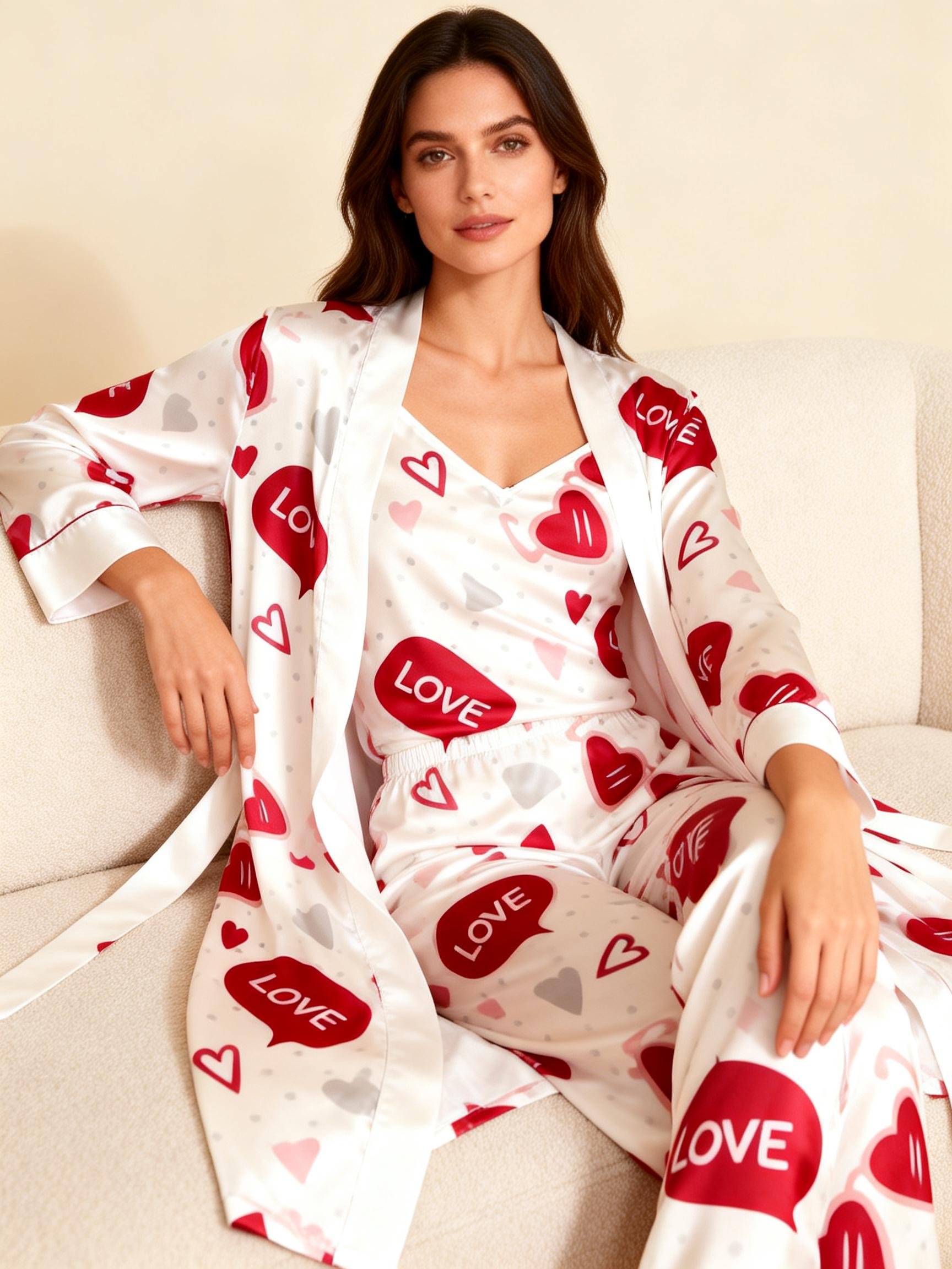 Women's 3pcs Adorable Heart Print Sleep Set