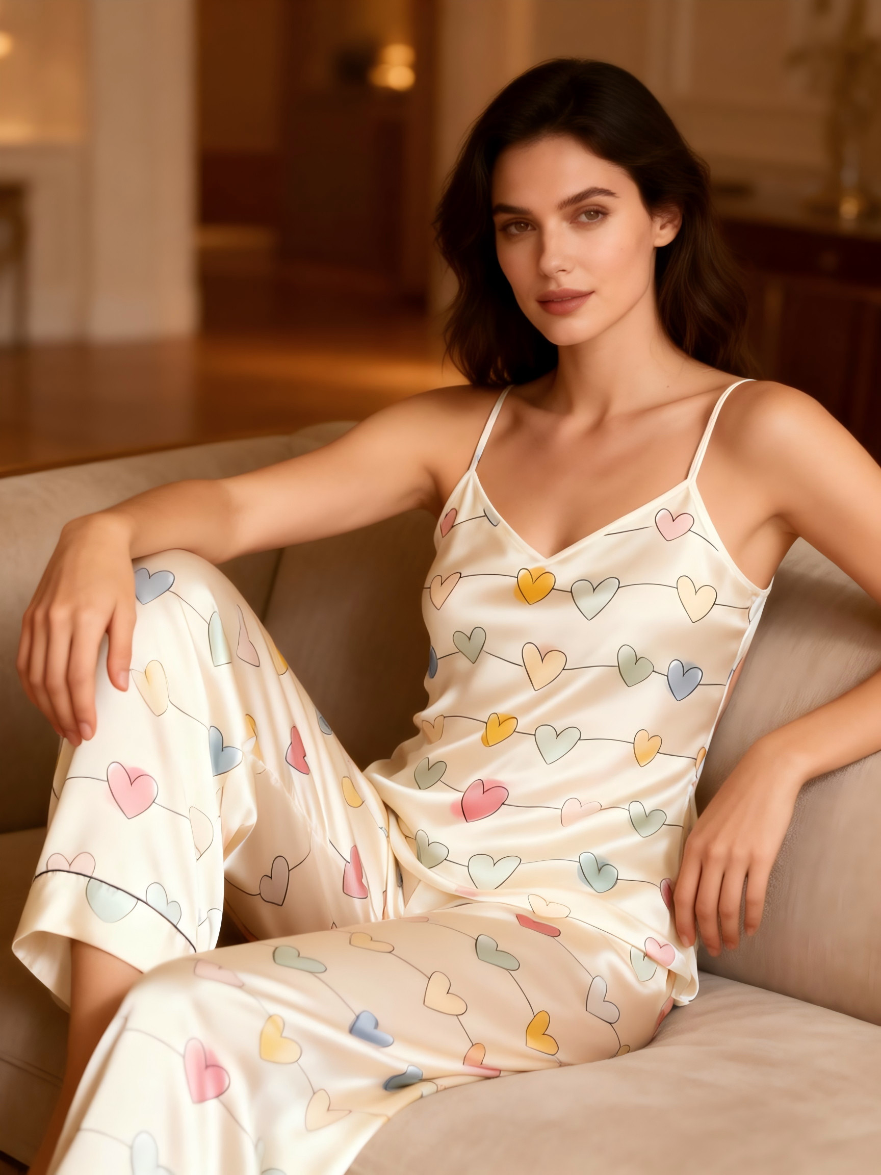 Romantic Heart Print Satin Sleep Set-Women's 3 PCS Robe, Cami, Pants