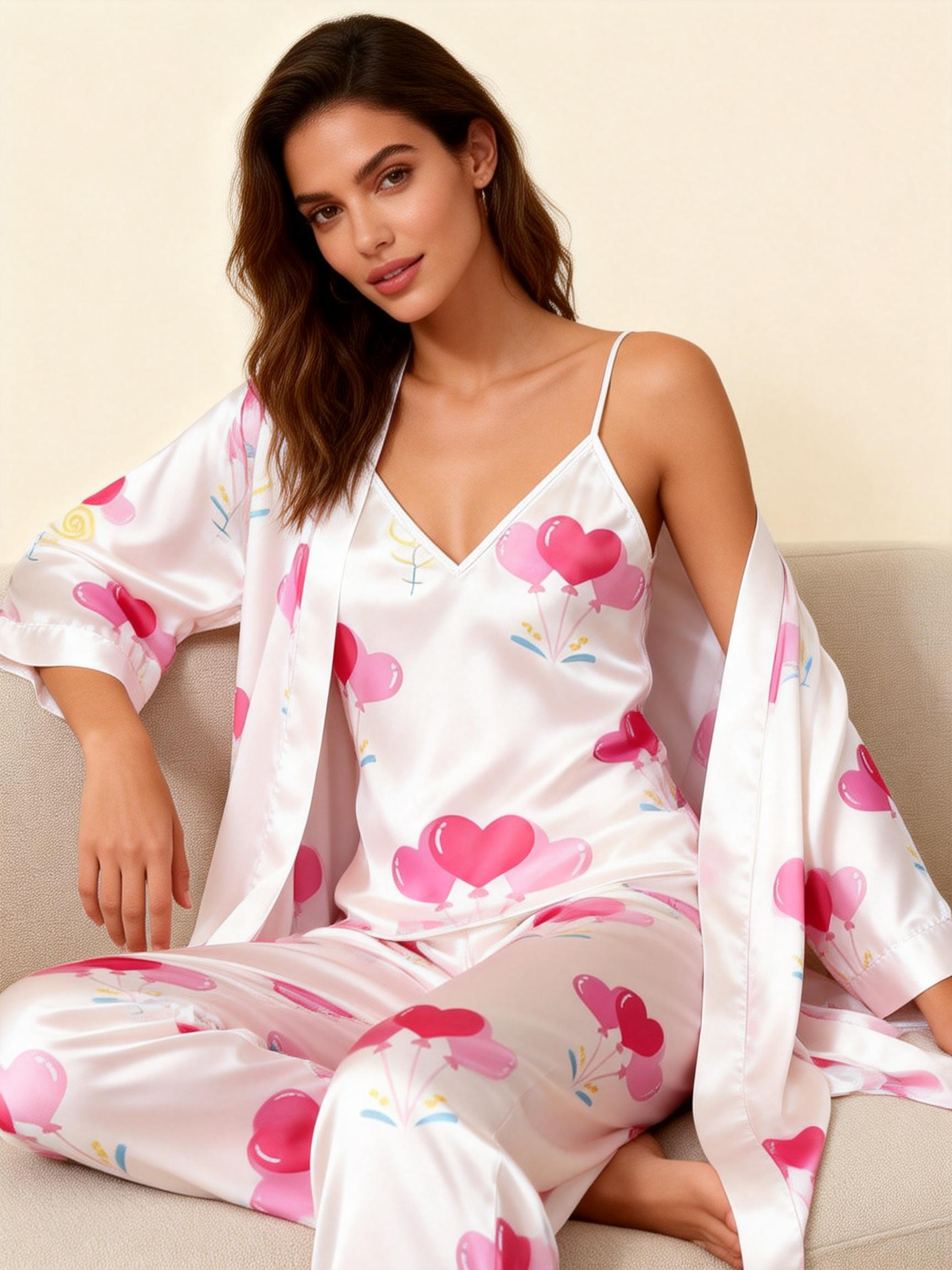 Women's 3-Piece Pastel Heart Balloon Satin Lounge Outfit
