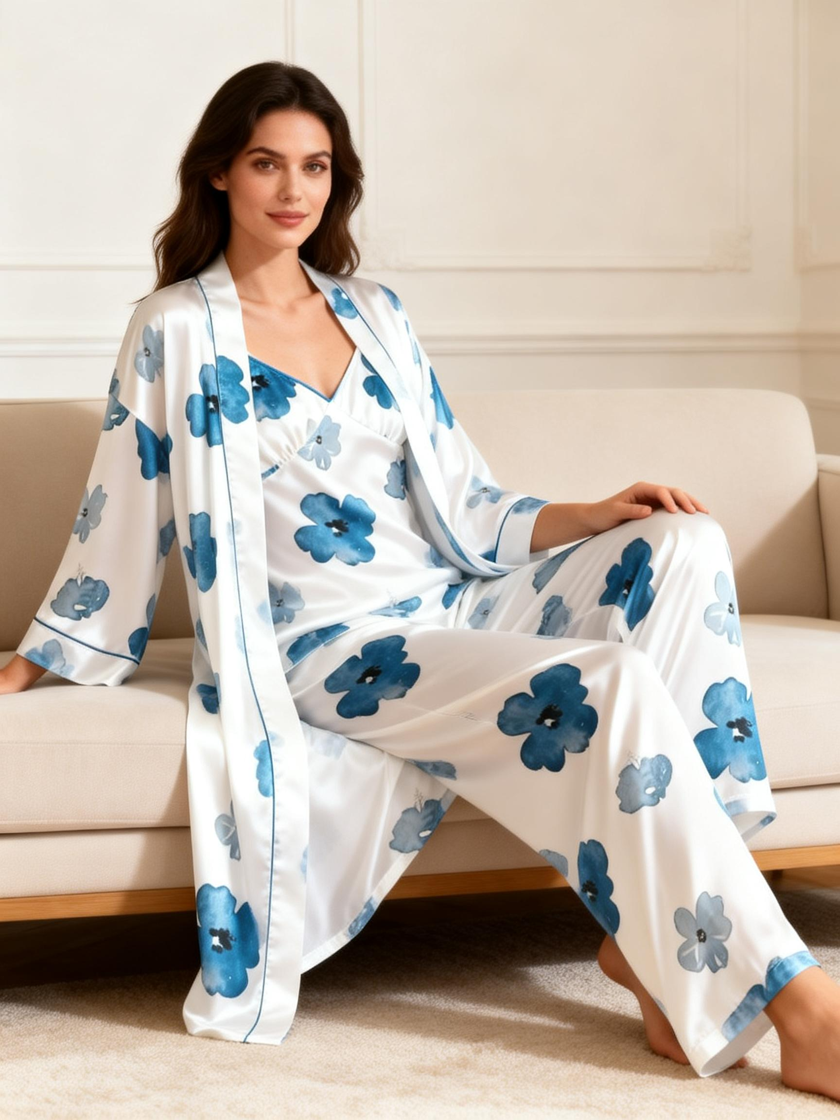 Satin 3-Piece Pajama Set-Elegant Floral Style
