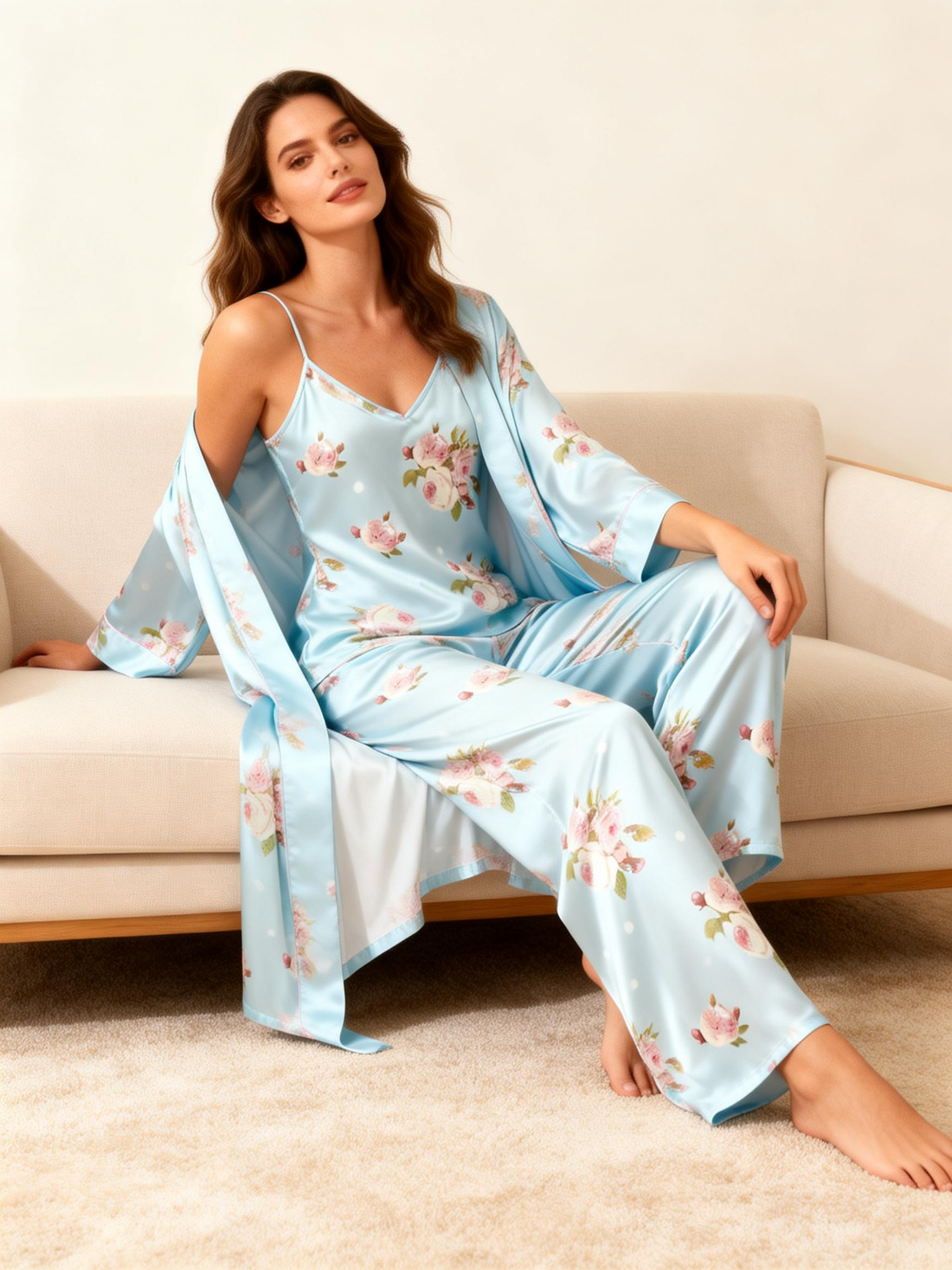 Women's Satin PJ Set-3 Pieces Luxury Flower Design