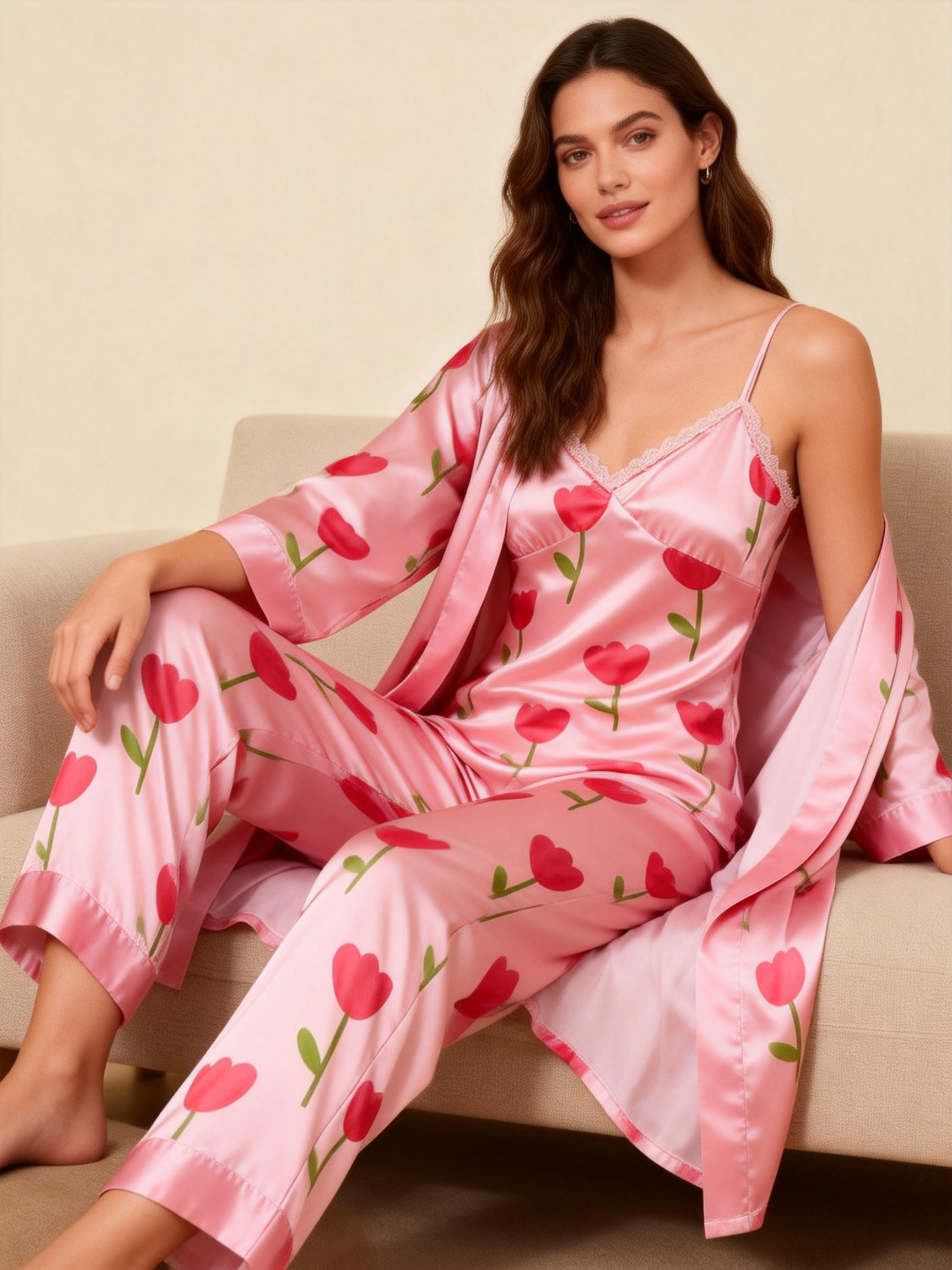 Women's 3-Piece Garden Bloom Satin Lounge Outfit