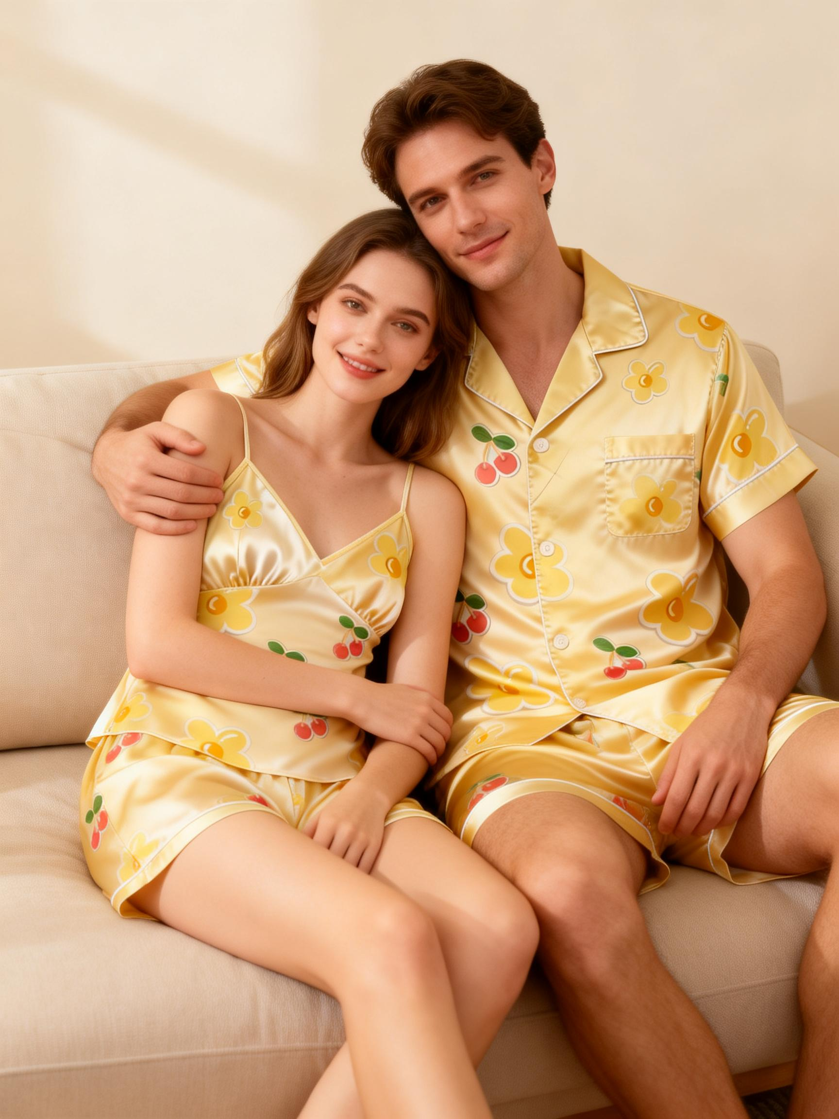 Romantic Satin Pajamas Set for Couples – Short Style