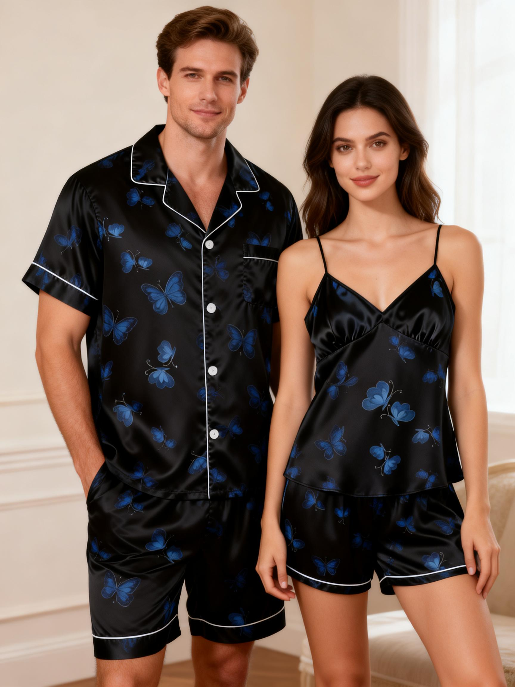 Premium Satin Couple Pajamas – Short Style