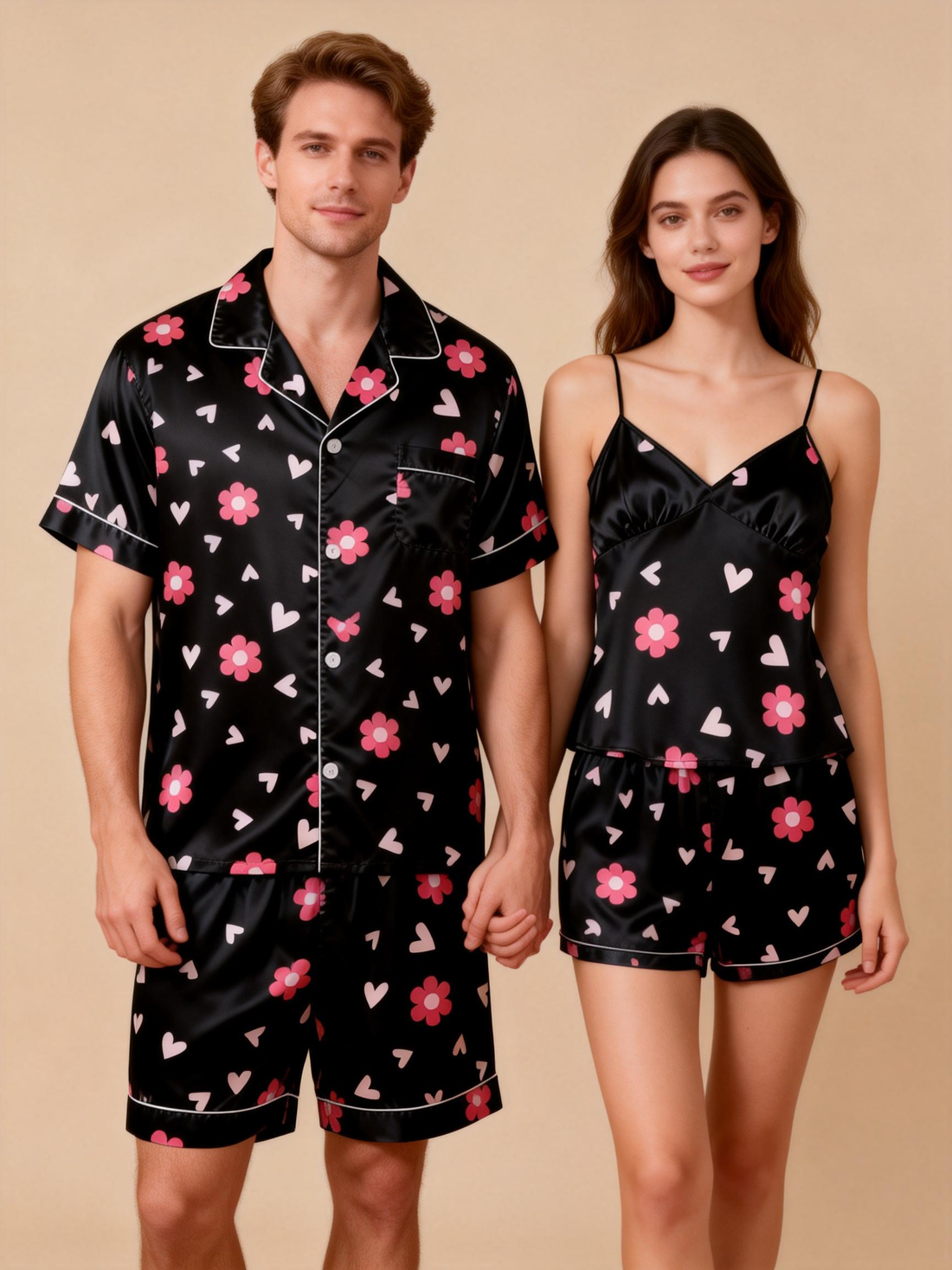 Silky Classic Couple Satin Pajamas Short Set – Luxurious Matching Sleepwear