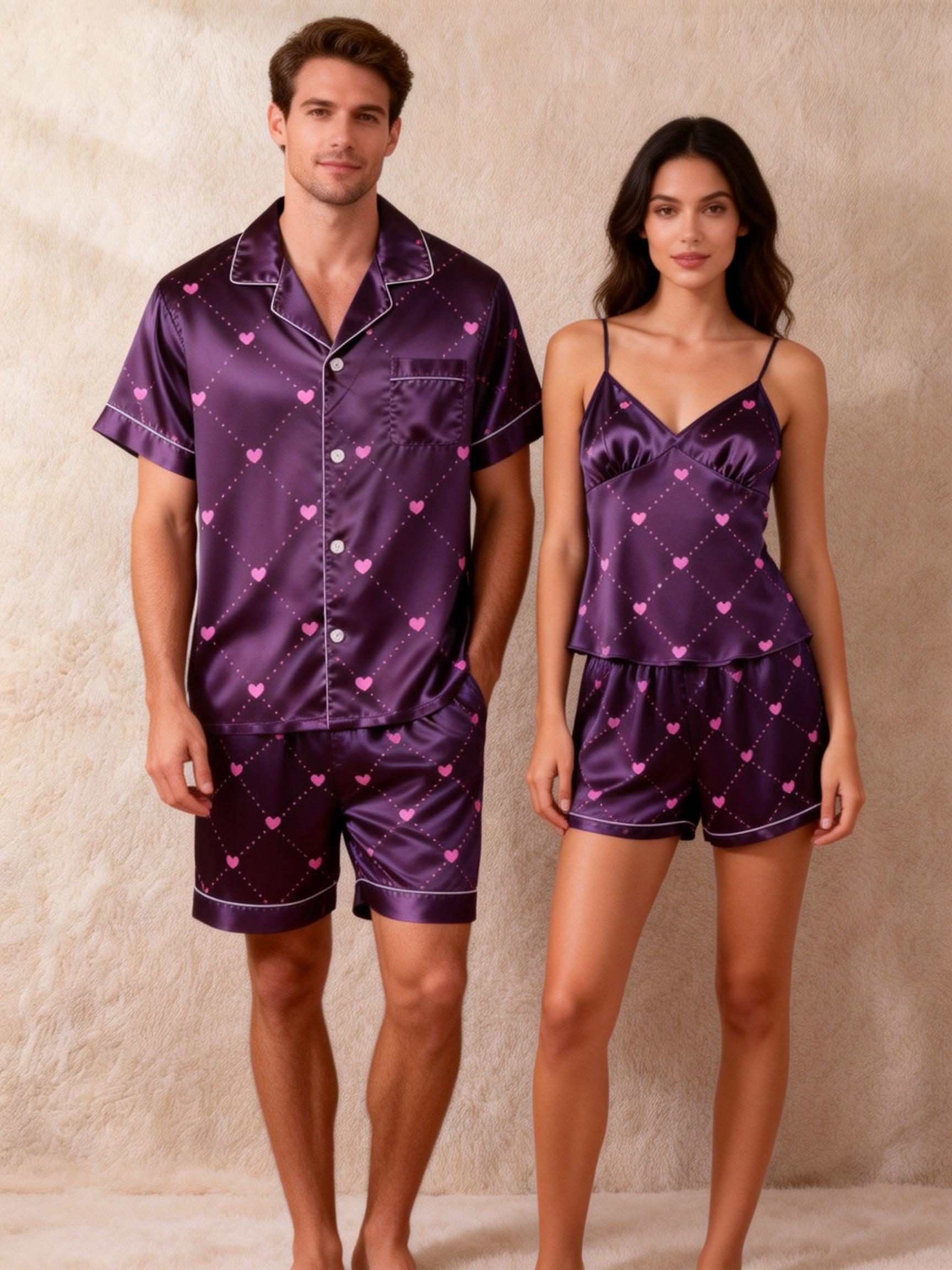 Matching Couple Satin Pajamas – Short Sleeve Set for Him & Her
