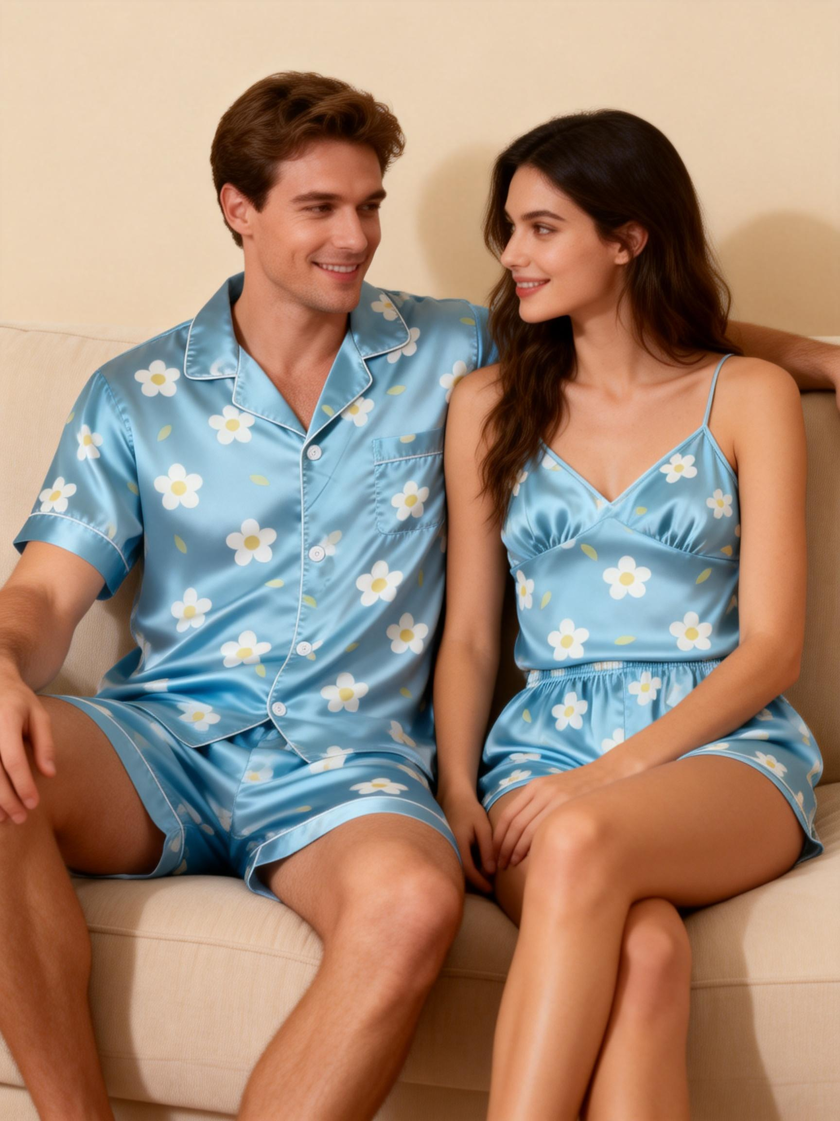 Classic Silky Couple Pajamas – Satin Short Set for Relaxation