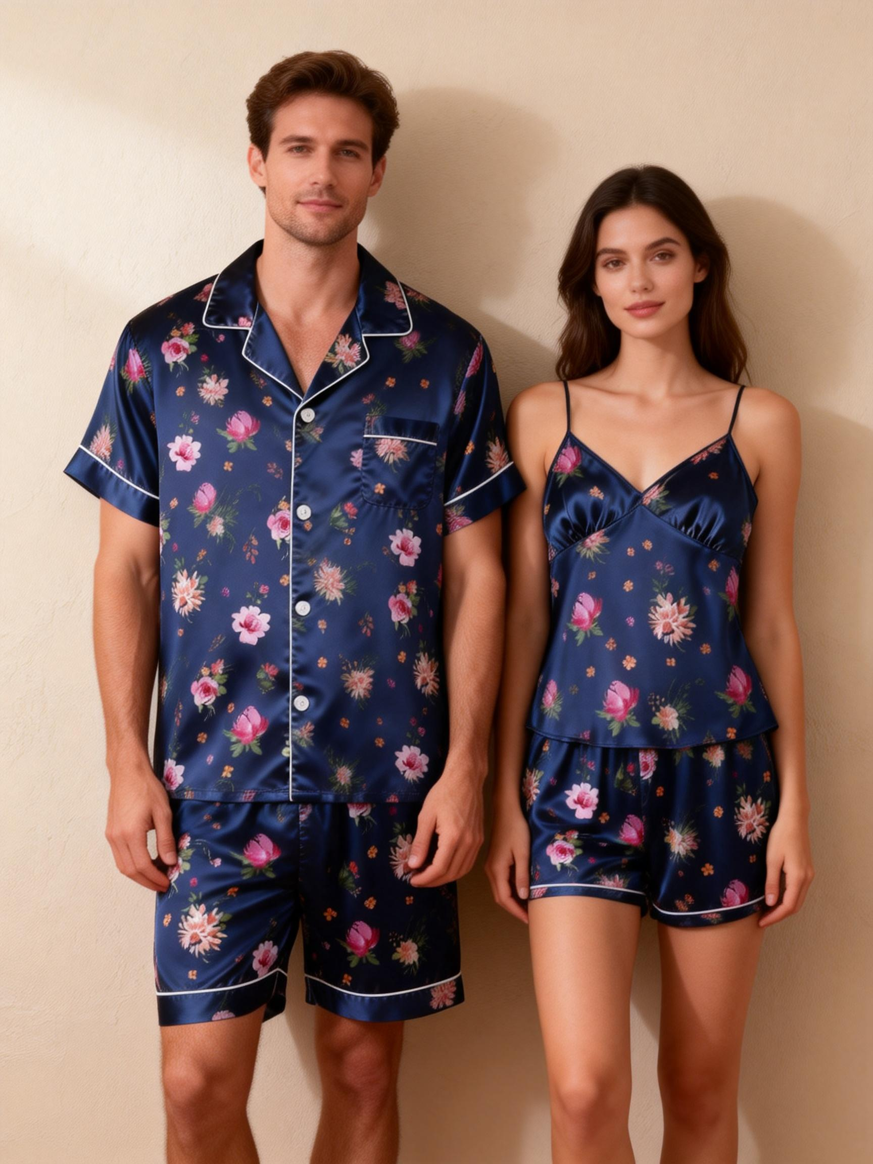 Couple’s Silky Evening Pajamas – Satin Short Set