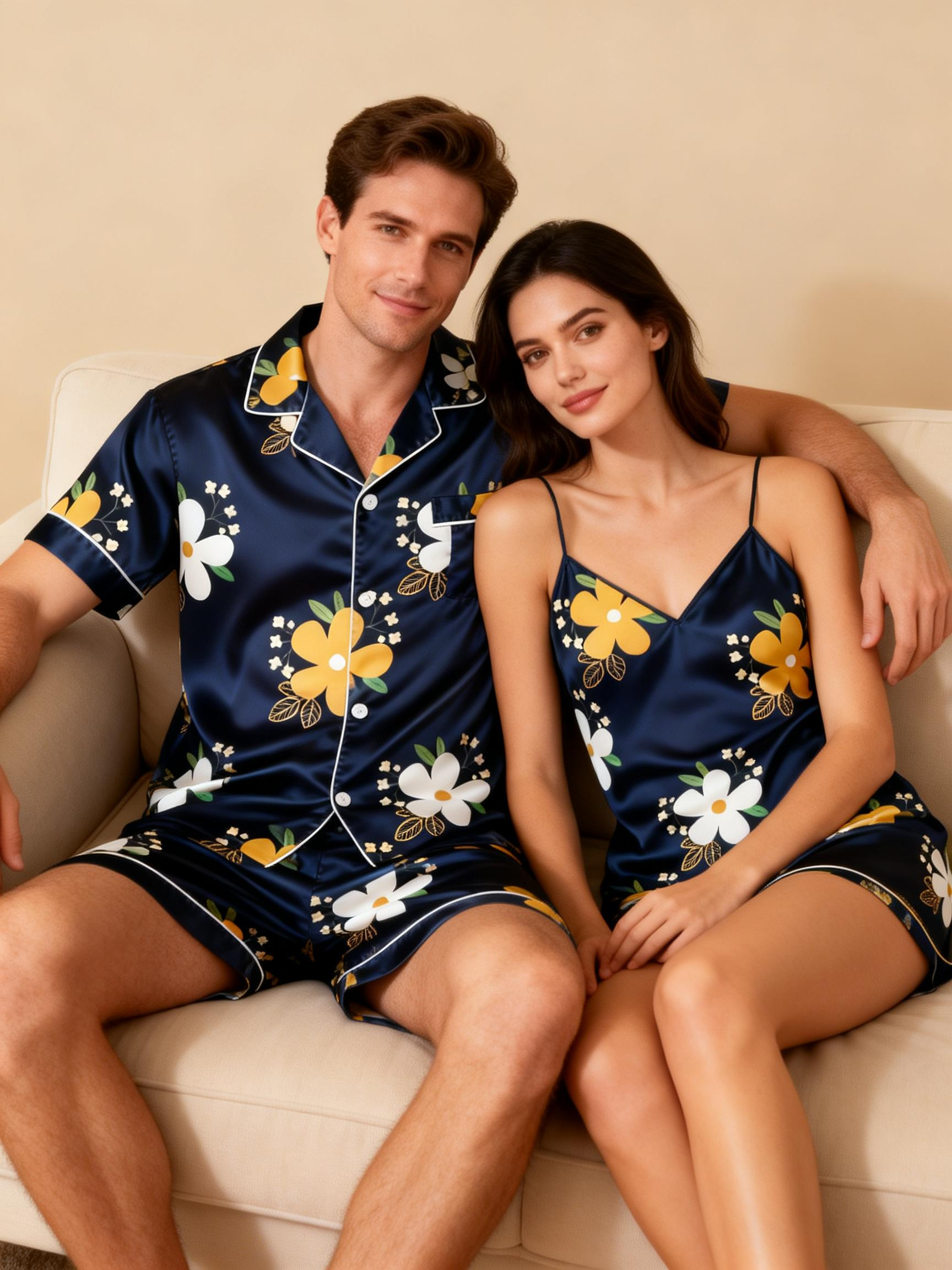 Silky Satin Pajamas for Him & Her – Short Style Set
