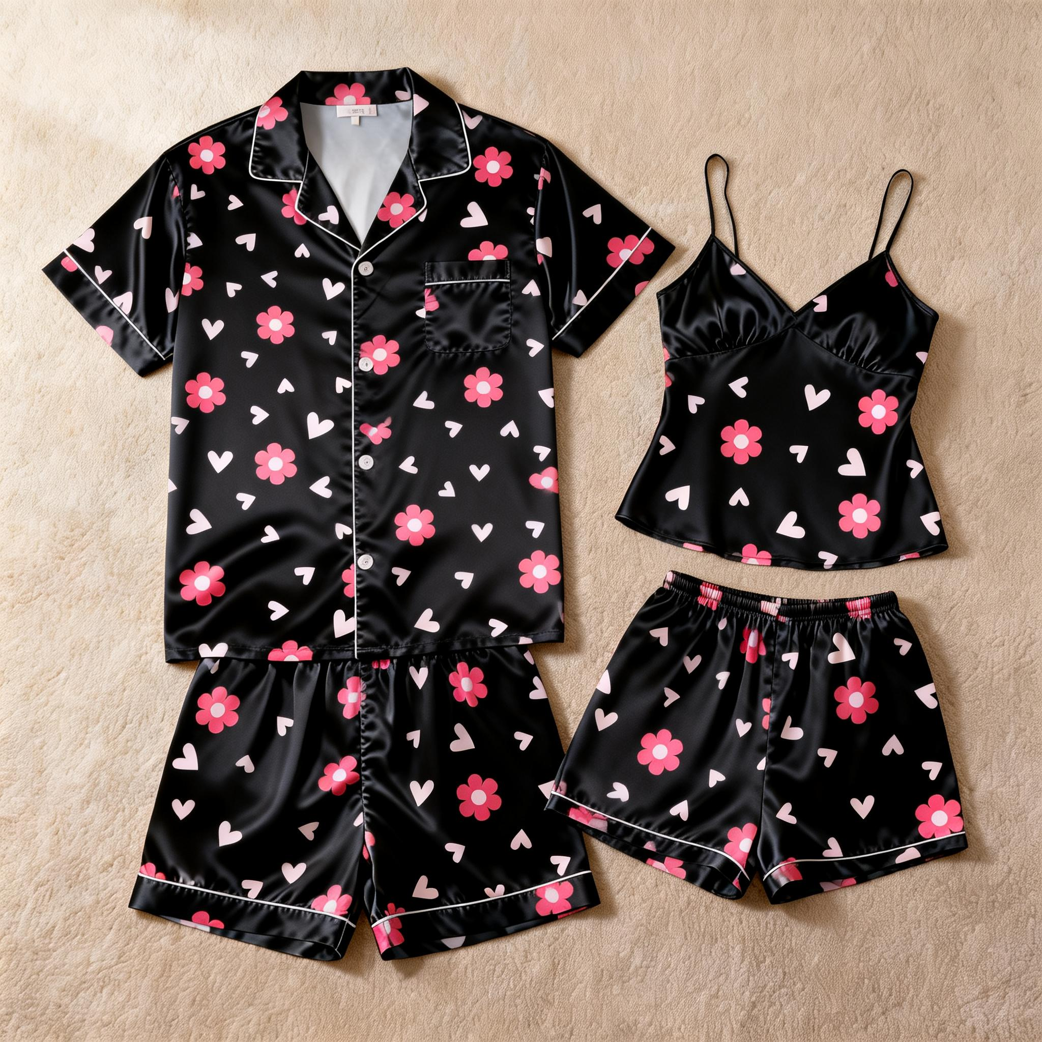 Silky Classic Couple Satin Pajamas Short Set – Luxurious Matching Sleepwear