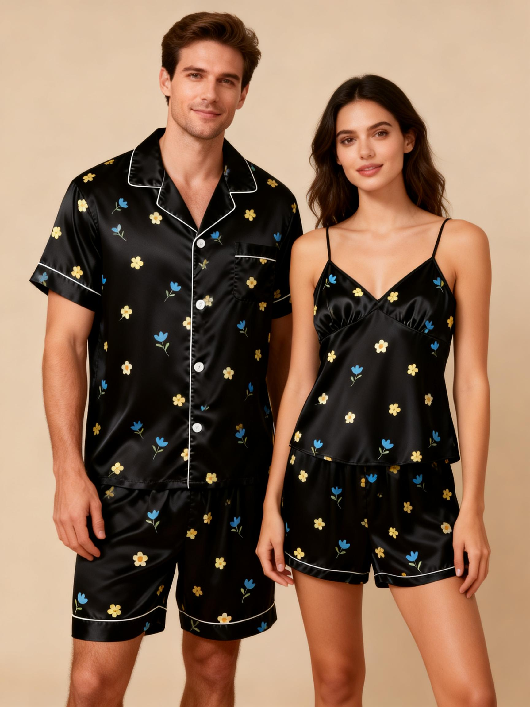 Silky Satin Couple Set – Short Pajamas for Romantic Nights