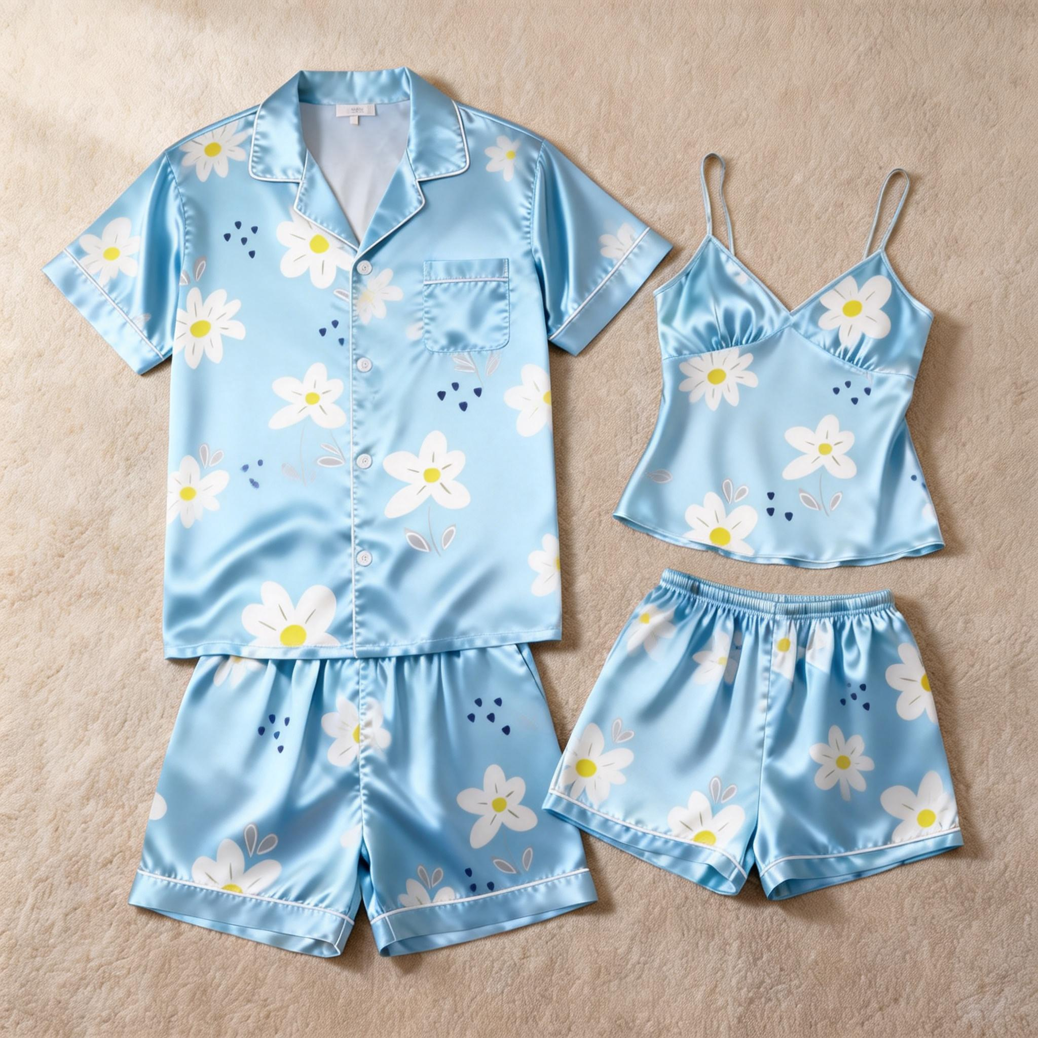 Silky Satin Lounge Set for Two – Comfortable Short Pajamas