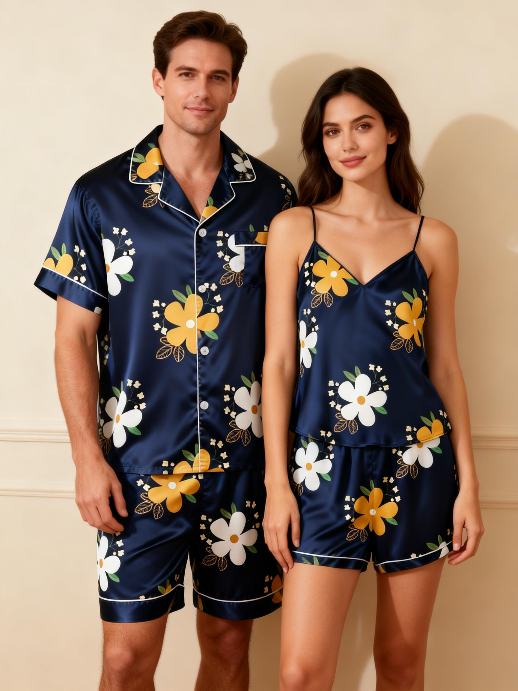 Silky Satin Pajamas for Him & Her – Short Style Set