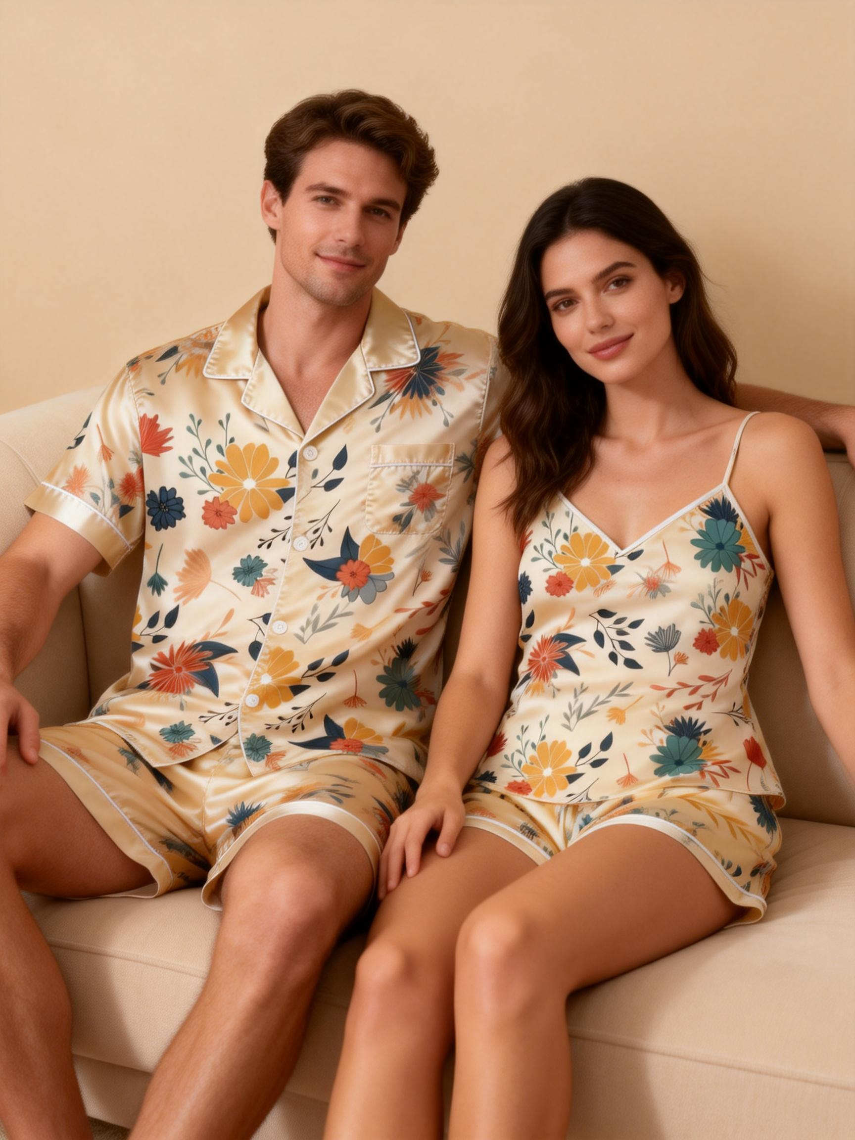 Silky Satin Sleepwear Gift Set for Couples – Short Pajamas
