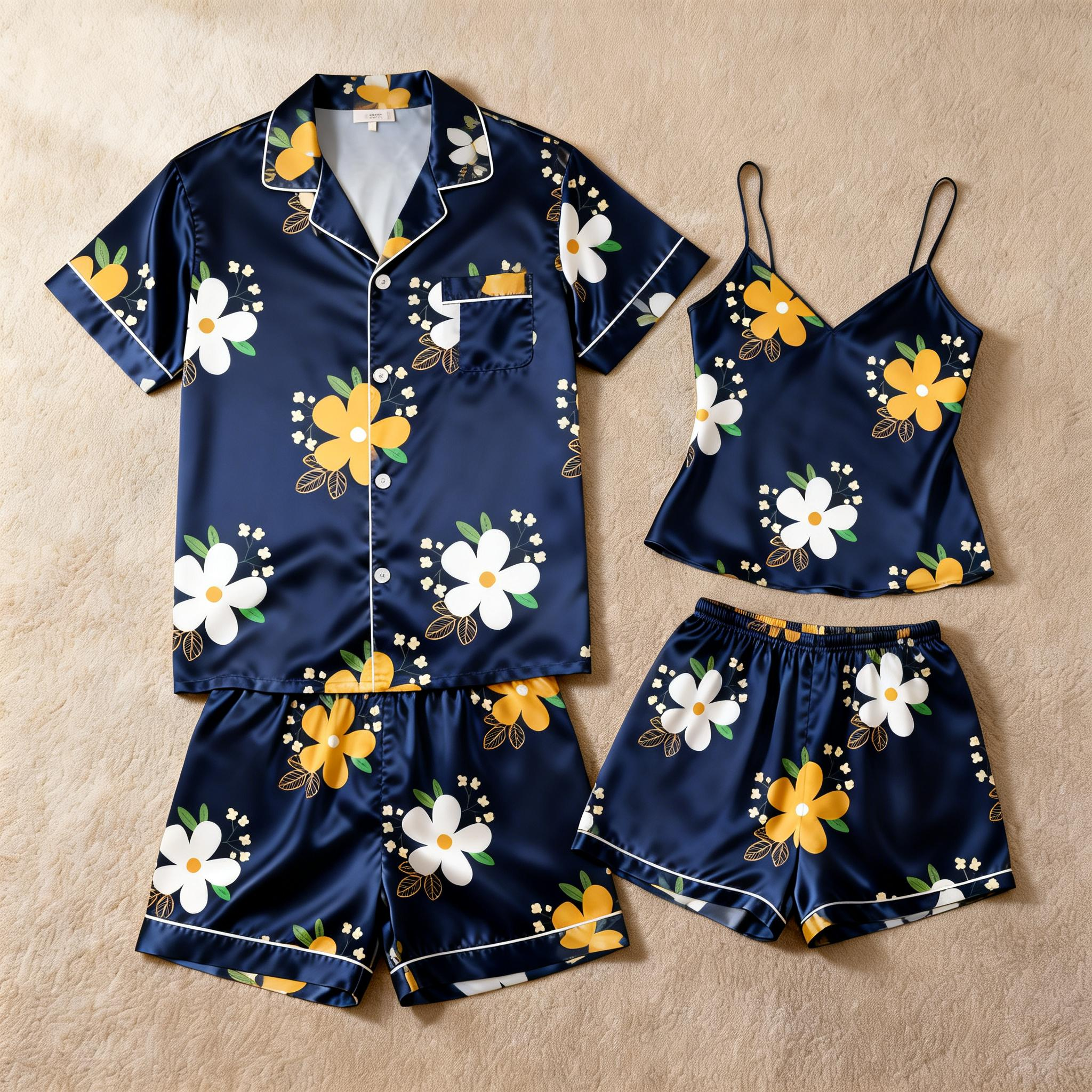 Silky Satin Pajamas for Him & Her – Short Style Set